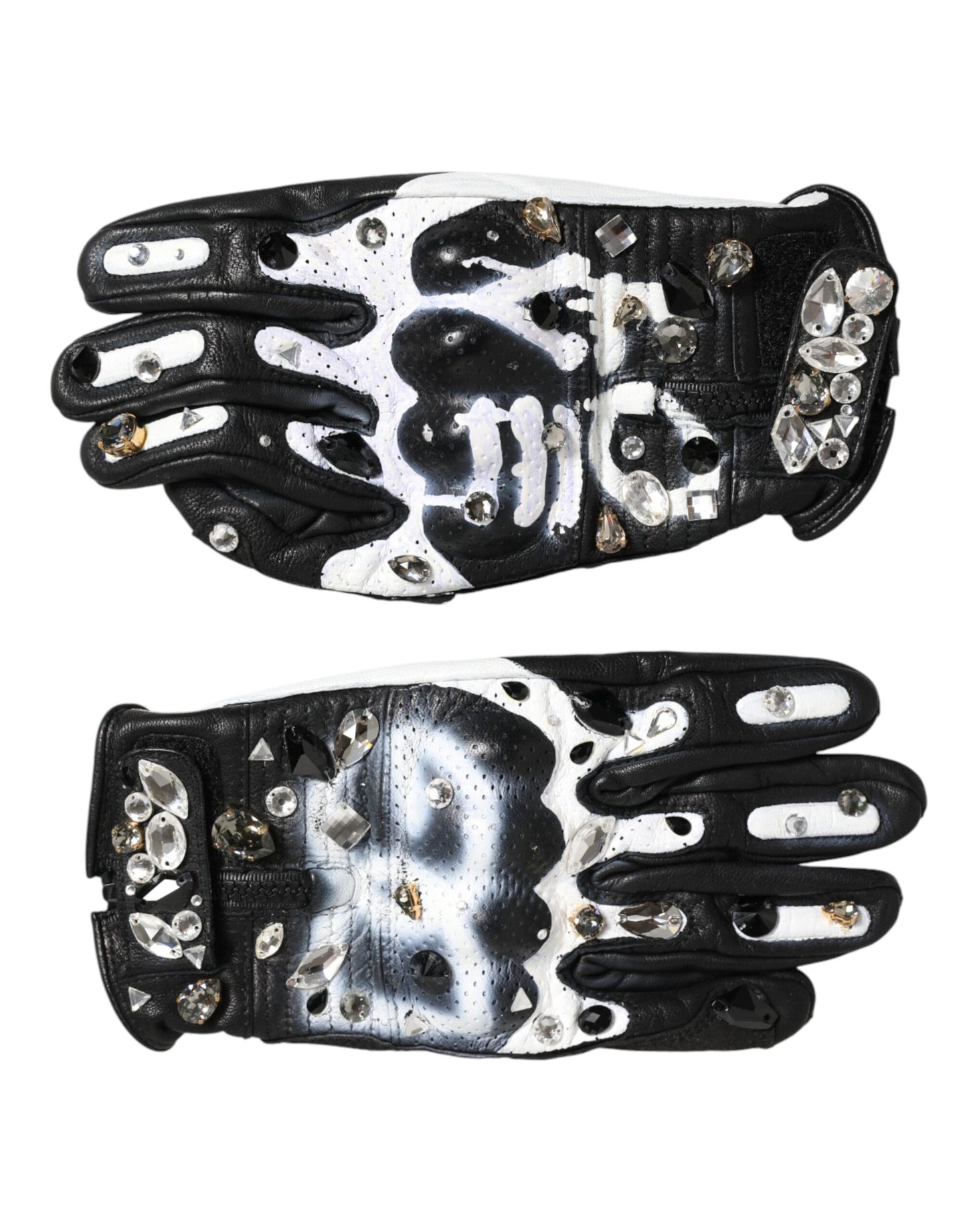Dolce & Gabbana Gloves Black White Crystal Wrist Length Mitten Gloves Curated Luxury Accessories by Orvyn