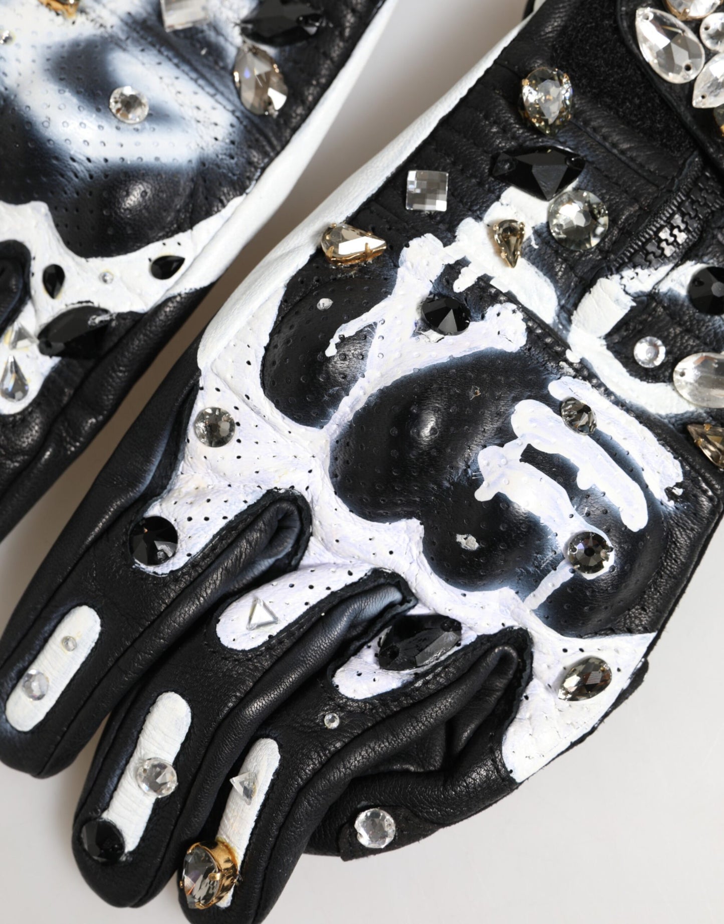 Dolce & Gabbana Gloves Black White Crystal Wrist Length Mitten Gloves Curated Luxury Accessories by Orvyn
