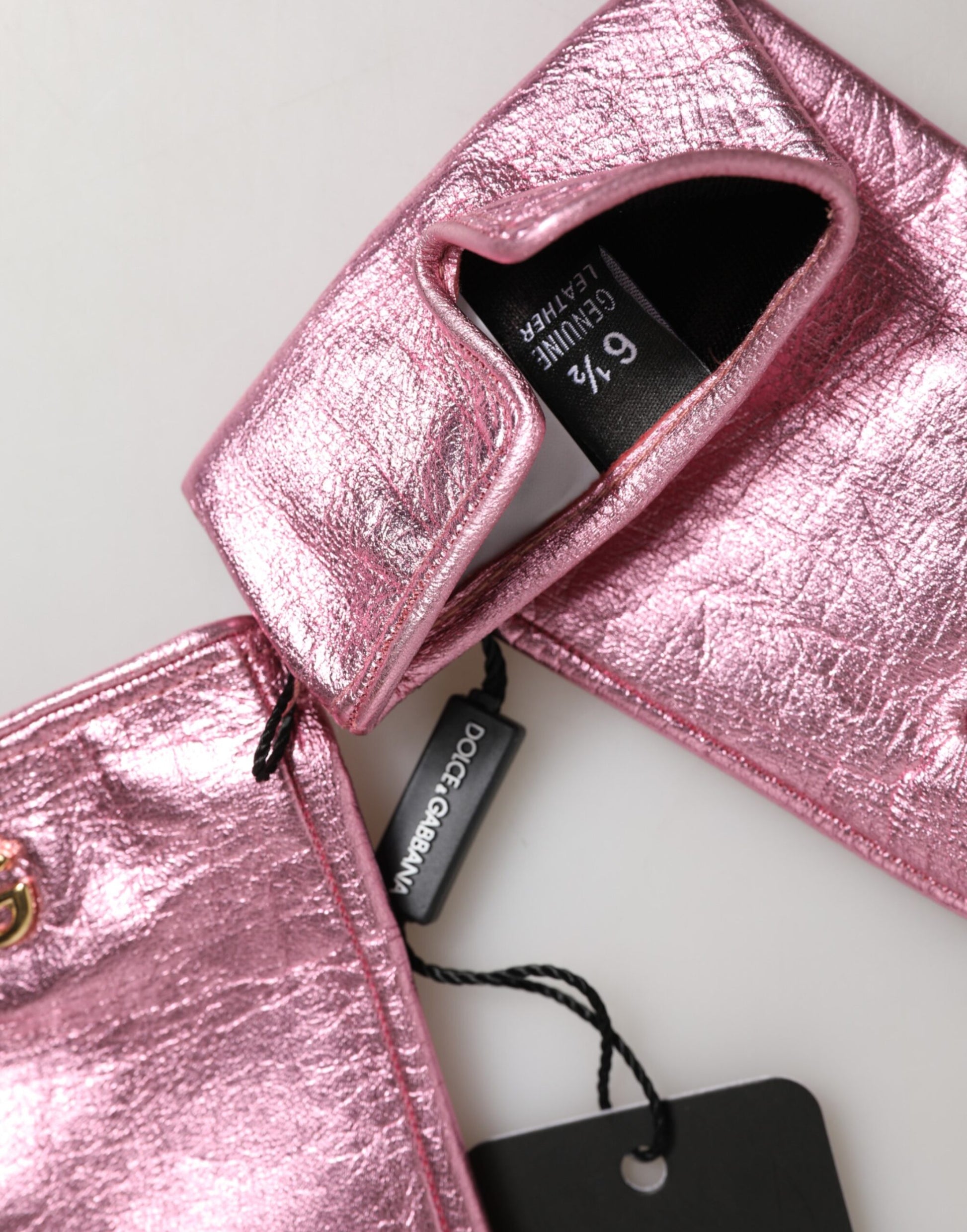 Dolce & Gabbana Pink Leather DG Logo Wrist Length Mitten Gloves Curated Luxury Accessories by Orvyn