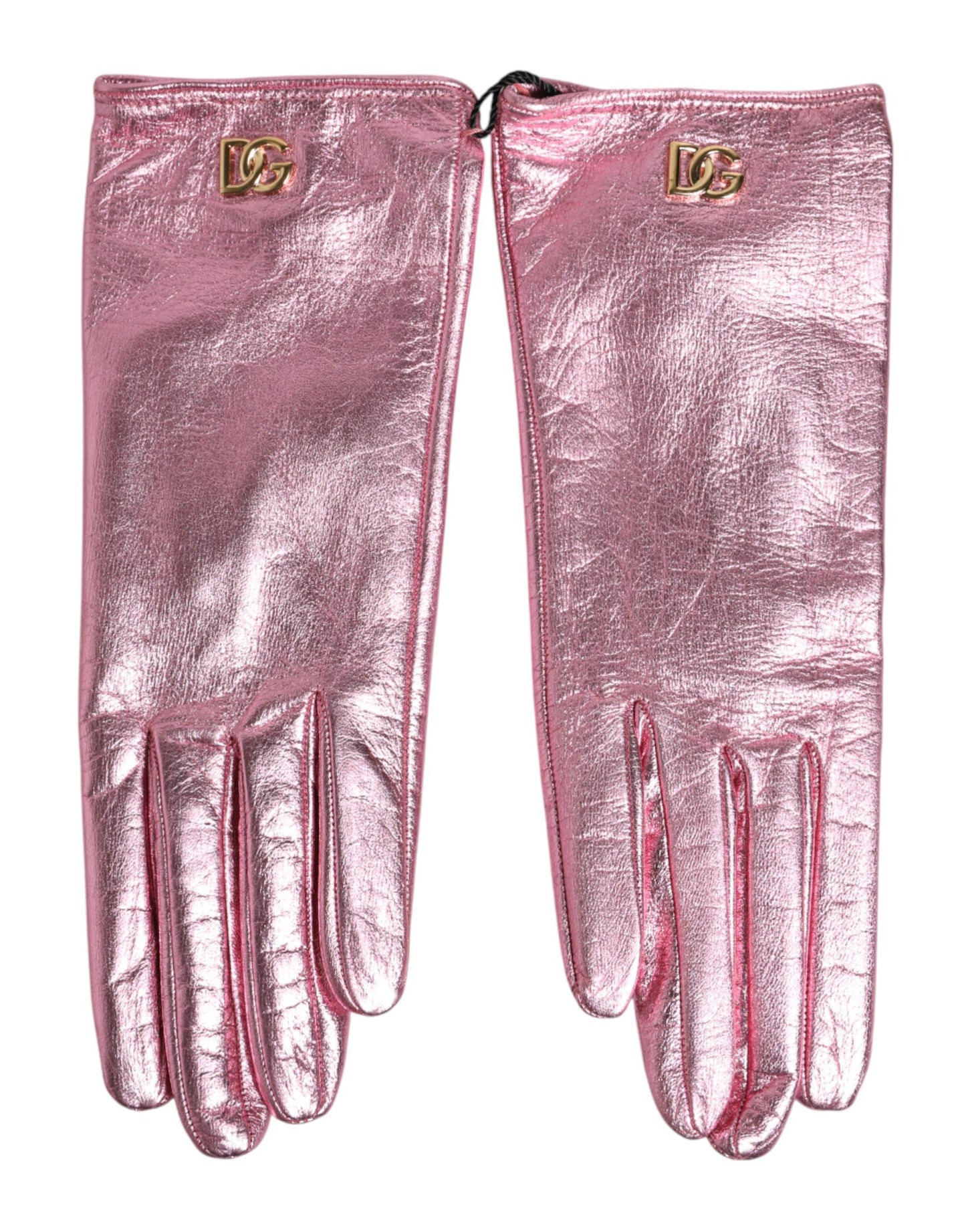 Dolce & Gabbana Pink Leather DG Logo Wrist Length Mitten Gloves Curated Luxury Accessories by Orvyn