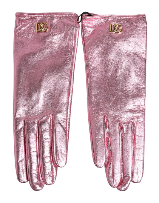 Dolce & Gabbana Pink Leather DG Logo Wrist Length Mitten Gloves Curated Luxury Accessories by Orvyn