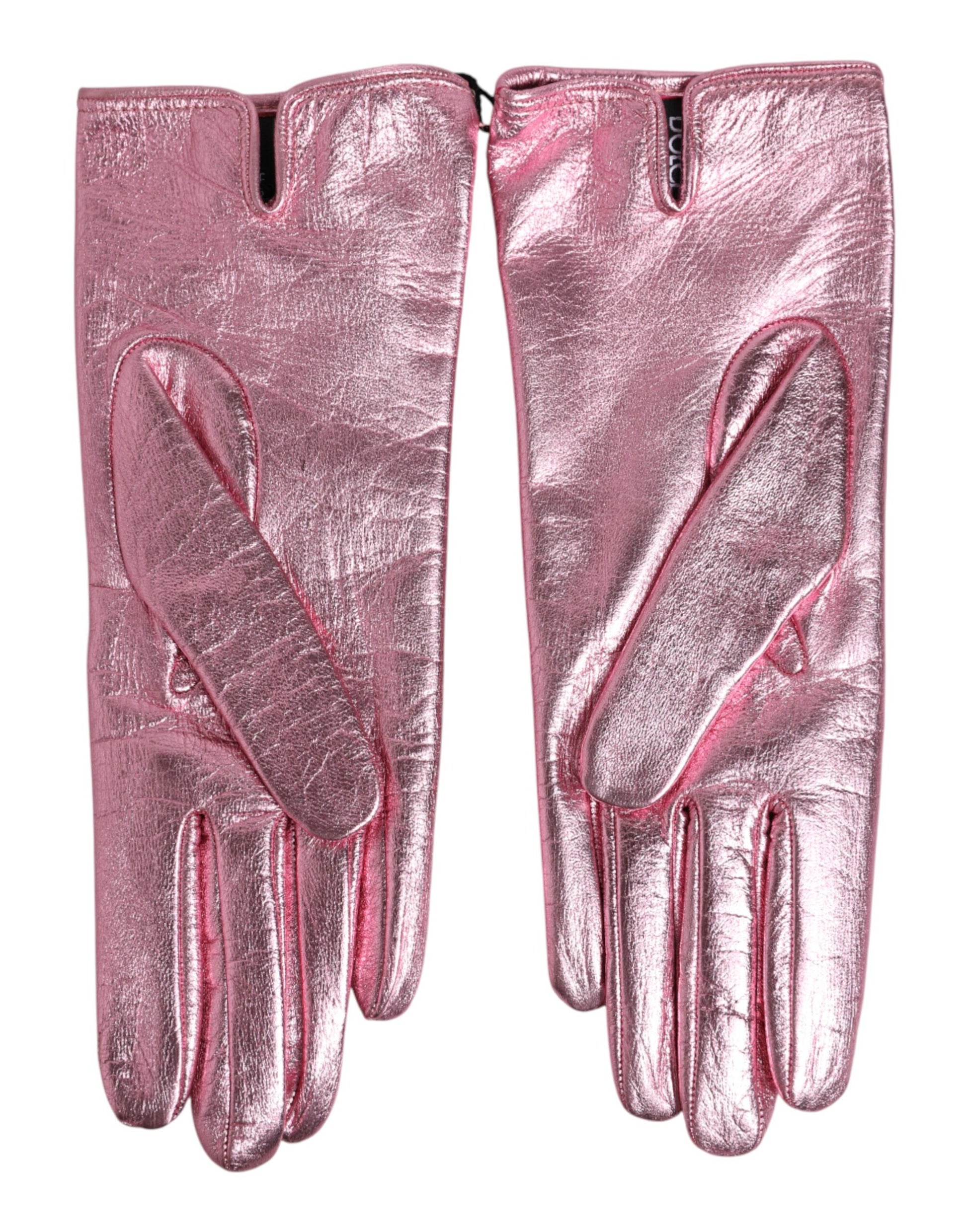 Dolce & Gabbana Pink Leather DG Logo Wrist Length Mitten Gloves Curated Luxury Accessories by Orvyn