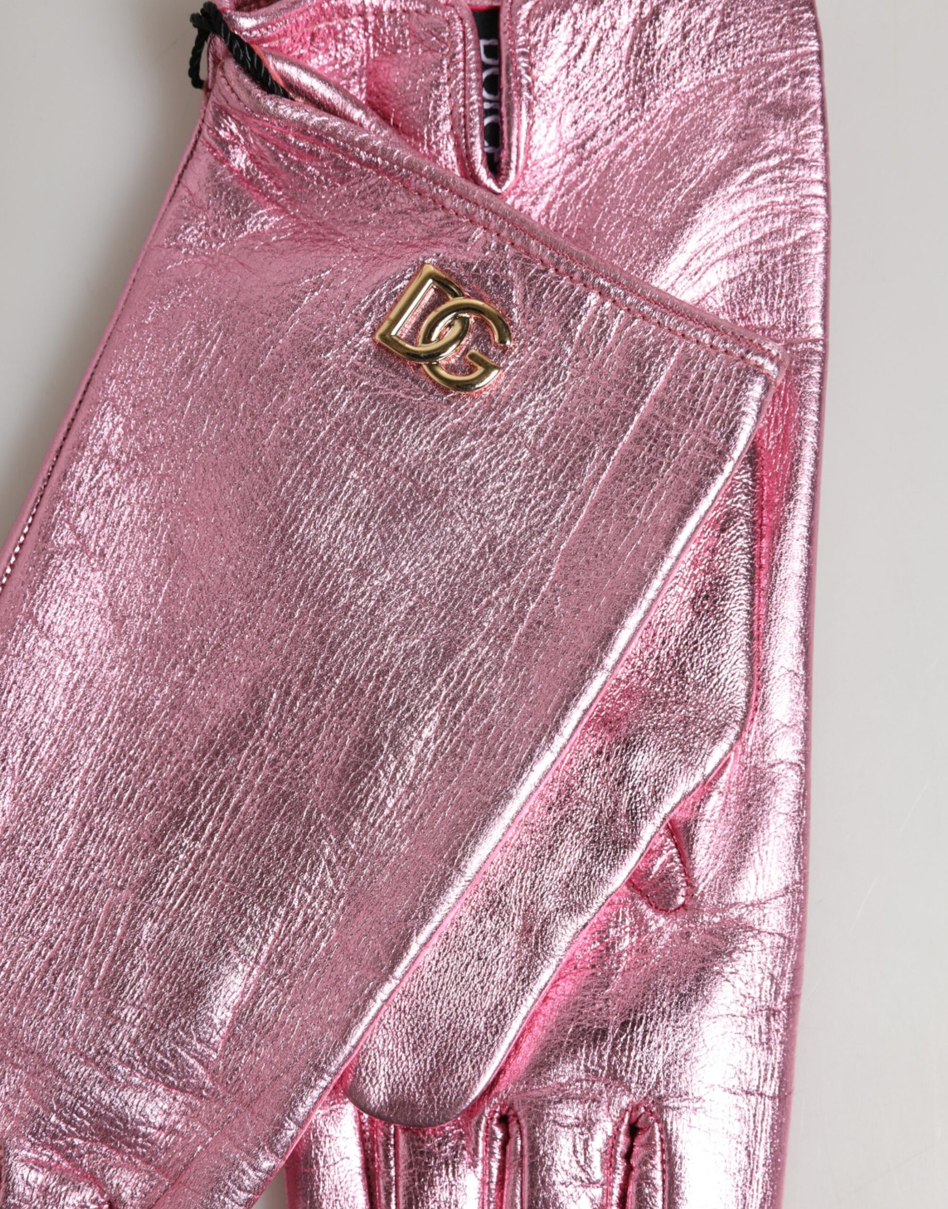 Dolce & Gabbana Pink Leather DG Logo Wrist Length Mitten Gloves Curated Luxury Accessories by Orvyn