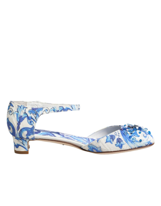 Dolce & Gabbana White Blue Floral Crystal Ankle Straps Shoes Curated Luxury Accessories by Orvyn
