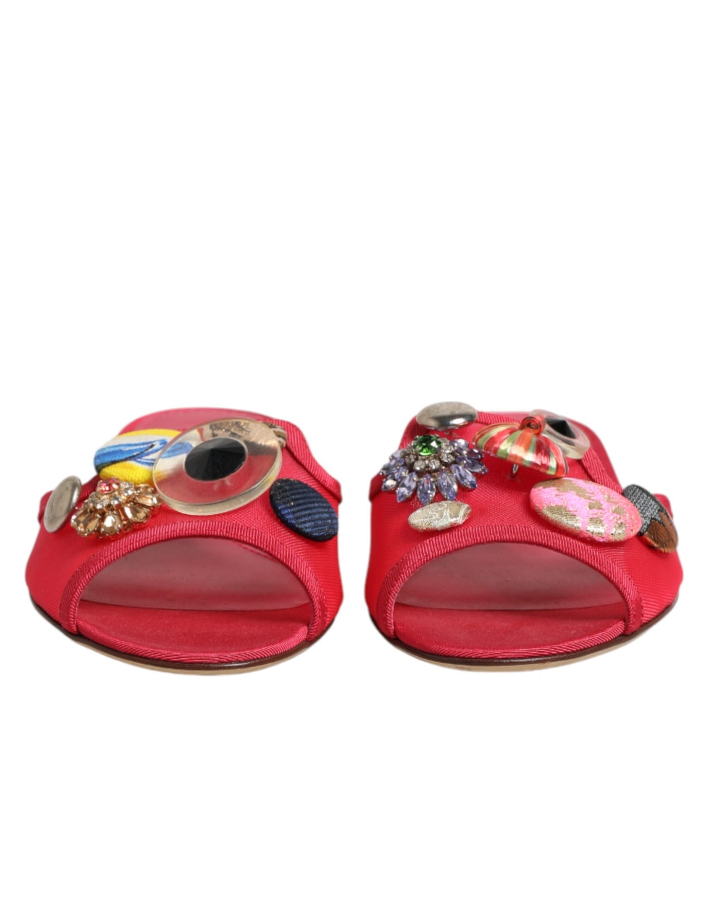 Dolce & Gabbana Red Embellished Flats Slip On Sandals Shoes Curated Luxury Accessories by Orvyn