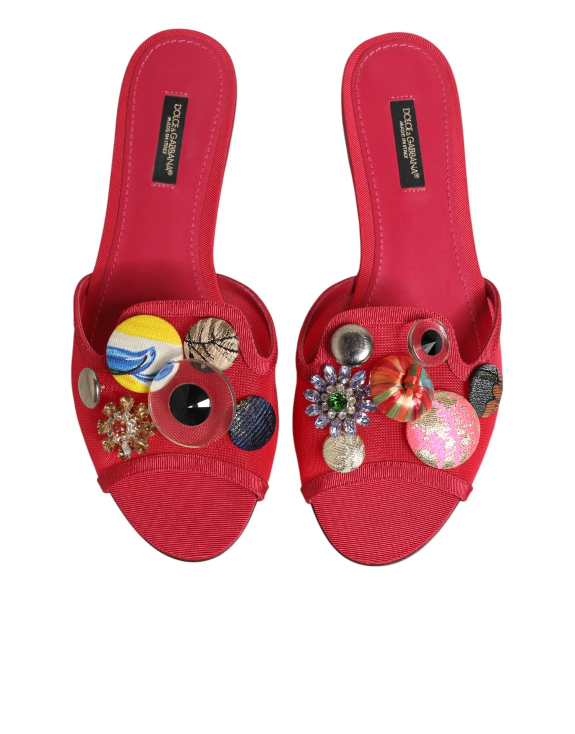 Dolce & Gabbana Red Embellished Flats Slip On Sandals Shoes Curated Luxury Accessories by Orvyn