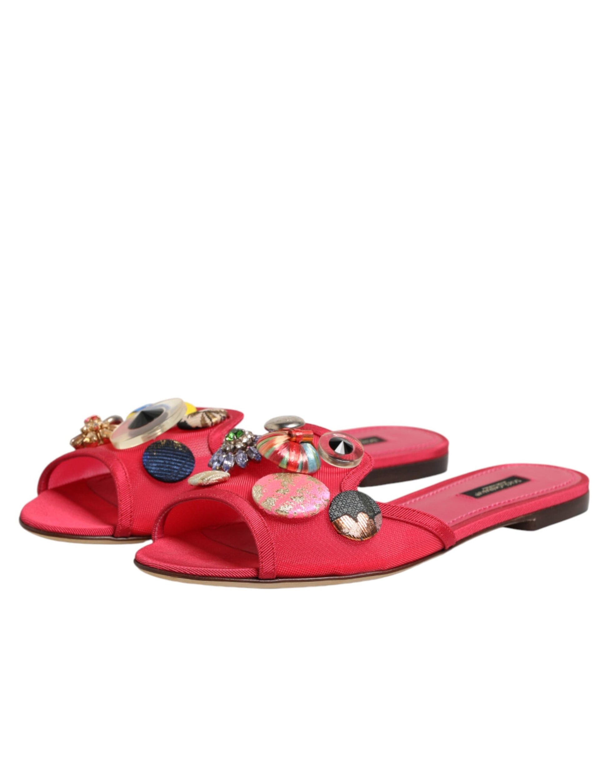 Dolce & Gabbana Red Embellished Flats Slip On Sandals Shoes Curated Luxury Accessories by Orvyn