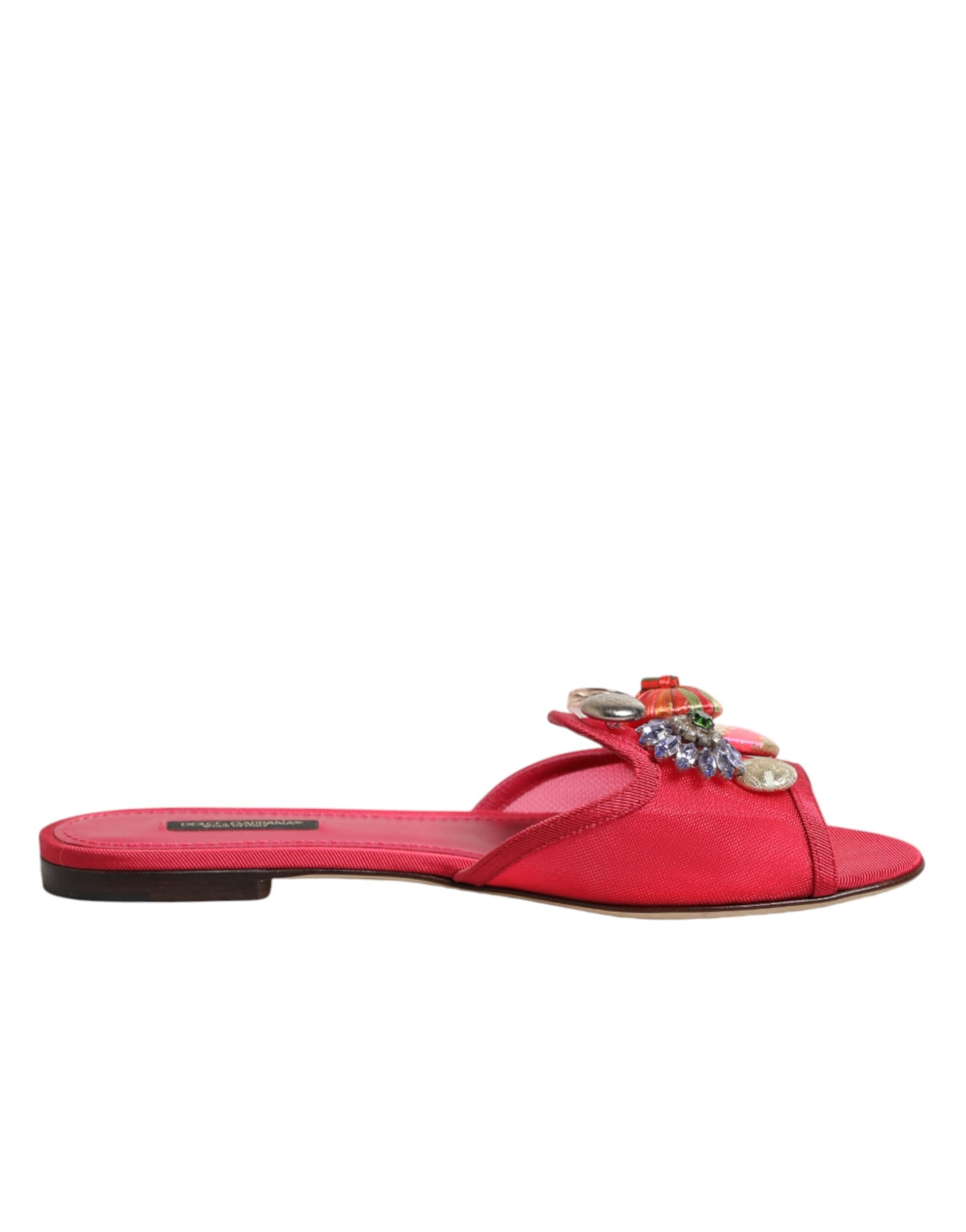 Dolce & Gabbana Red Embellished Flats Slip On Sandals Shoes Curated Luxury Accessories by Orvyn