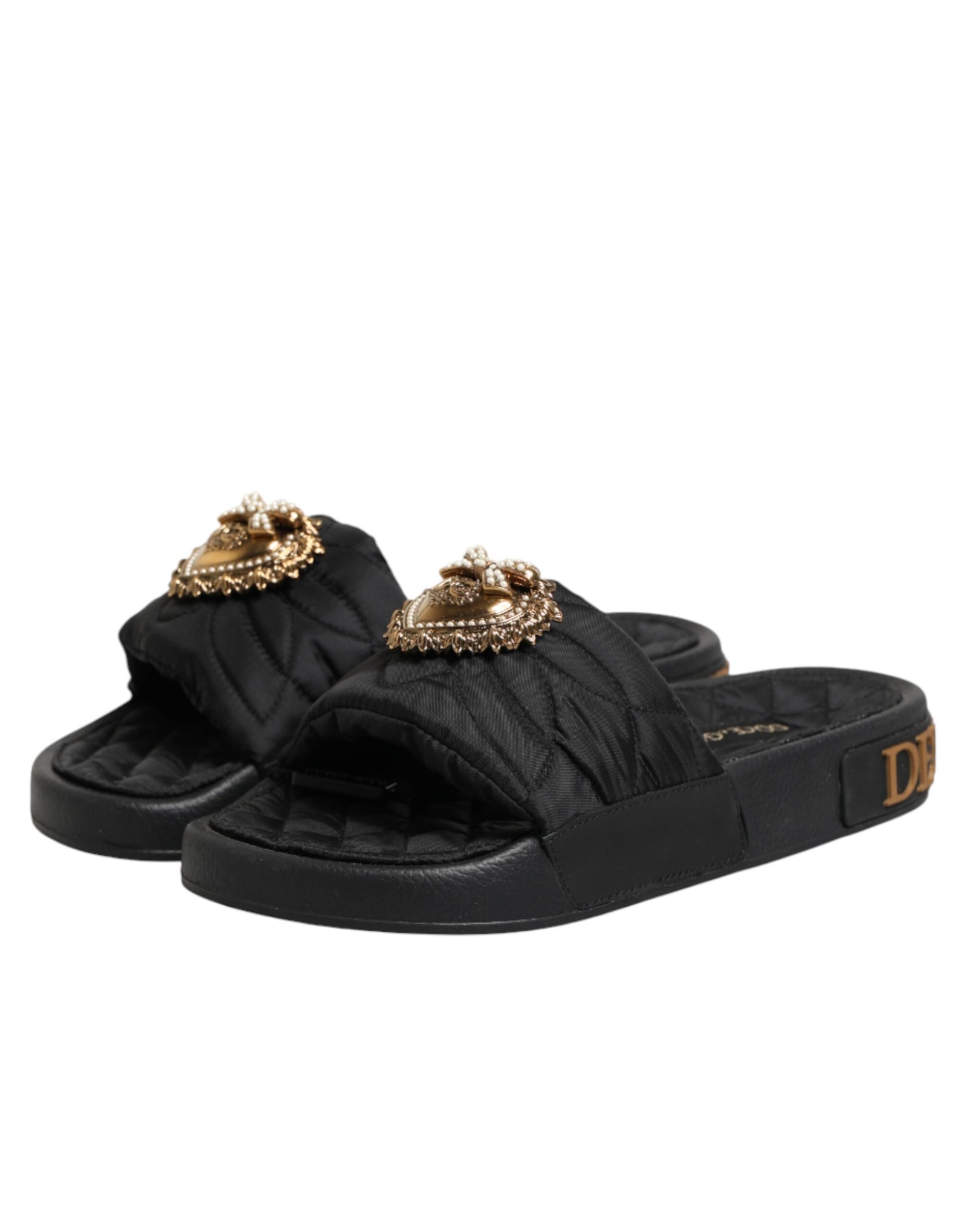 Dolce & Gabbana Black Devotion Matelassé Leather Slides Shoes Curated Luxury Accessories by Orvyn