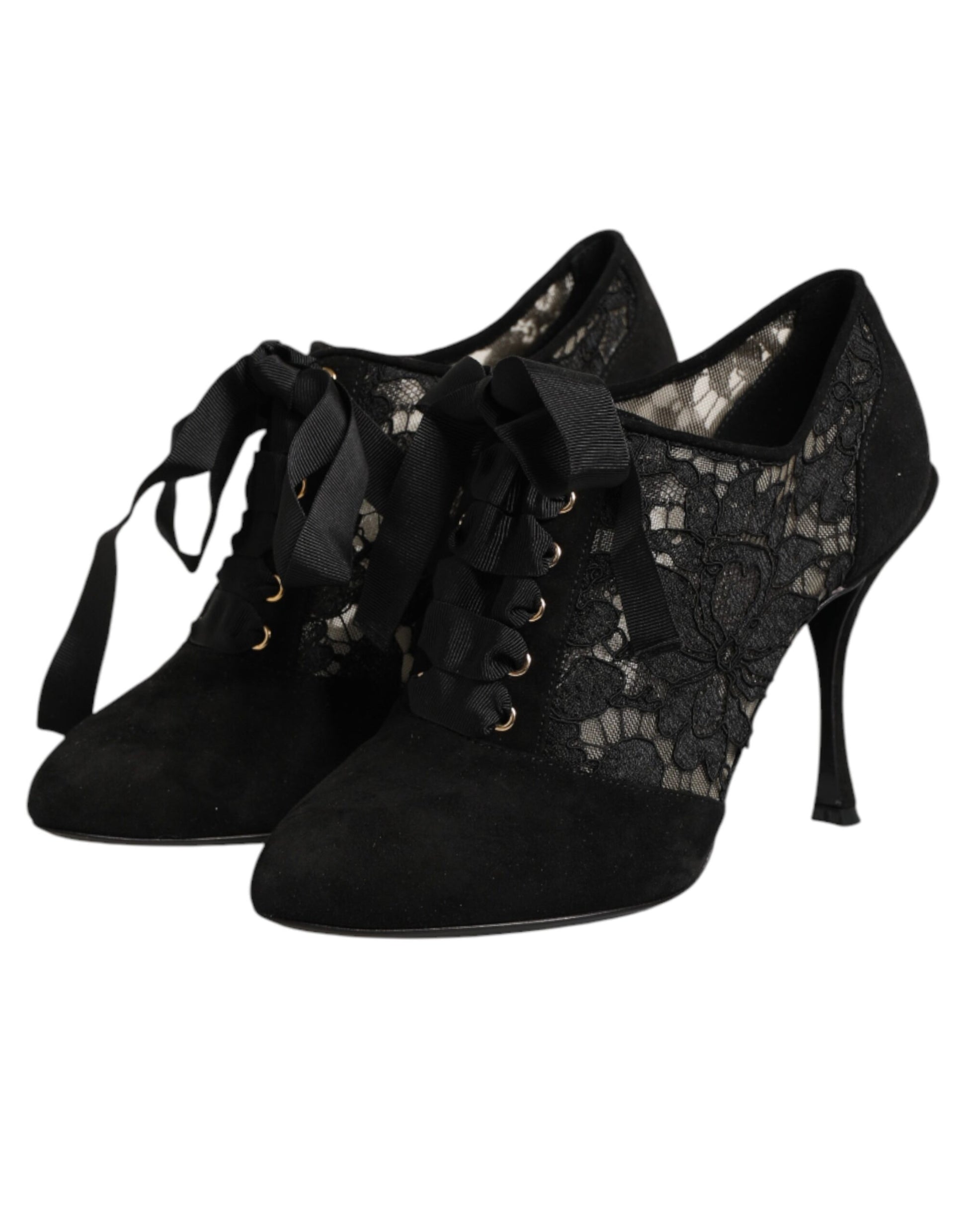 Dolce & Gabbana Black Floral High Heels LACE-UPS Pumps Shoes Curated Luxury Accessories by Orvyn