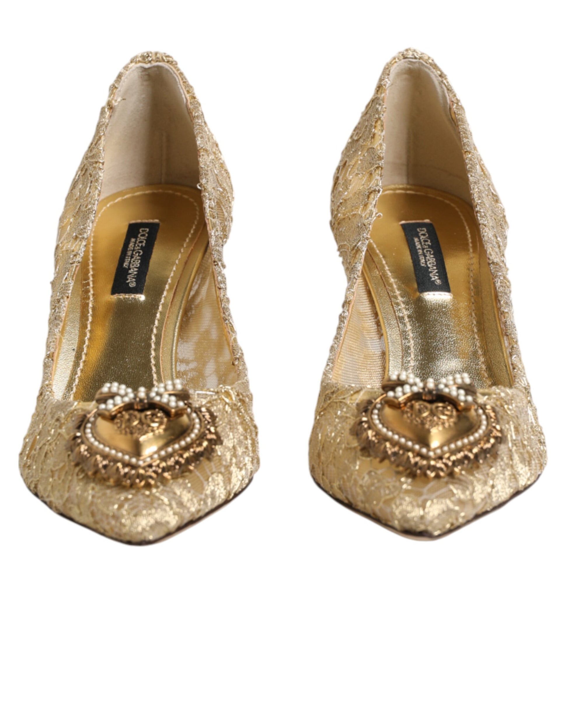 Dolce & Gabbana Gold Taormina Lace DEVOTION Pumps Shoes Curated Luxury Accessories by Orvyn
