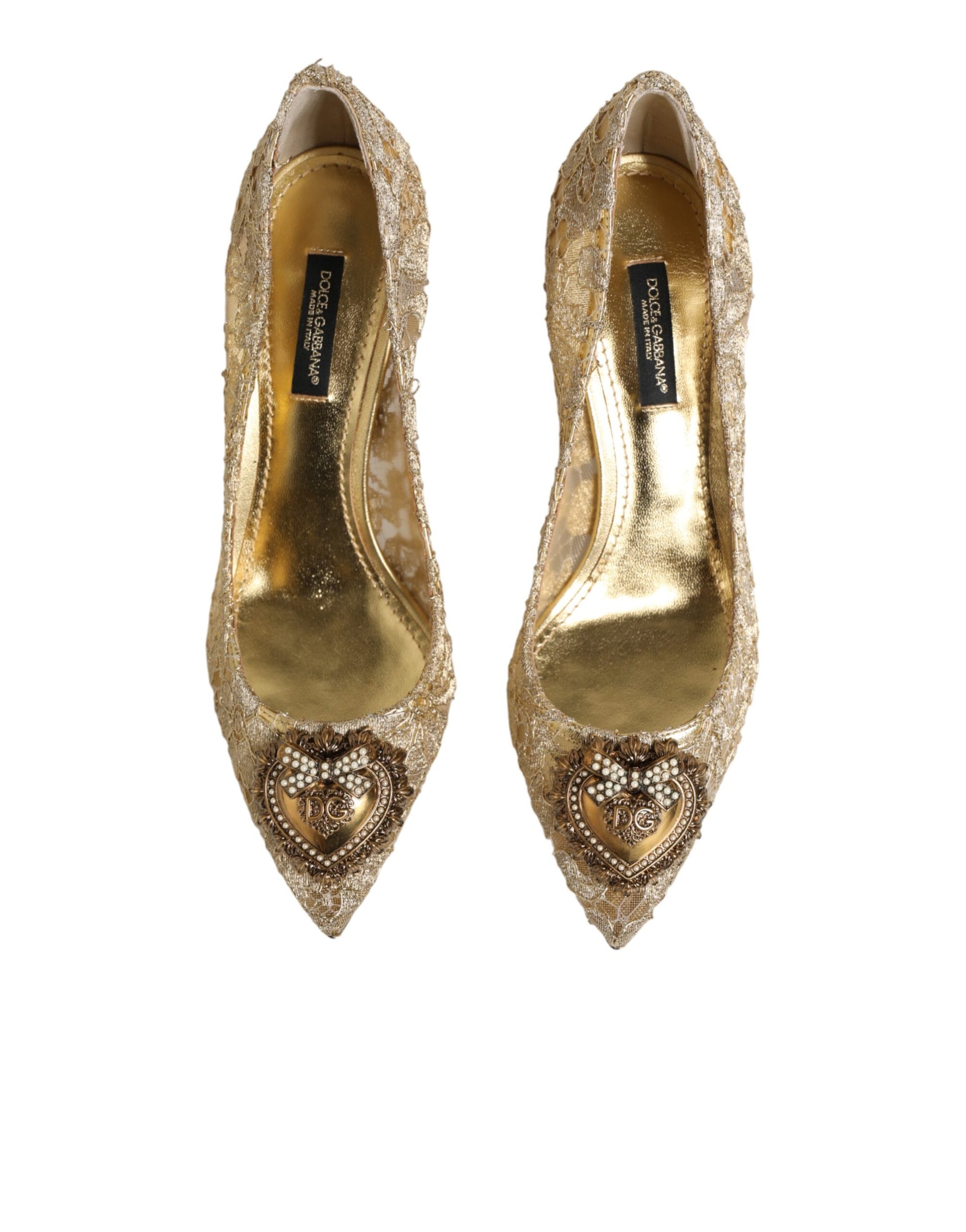Dolce & Gabbana Gold Taormina Lace DEVOTION Pumps Shoes Curated Luxury Accessories by Orvyn