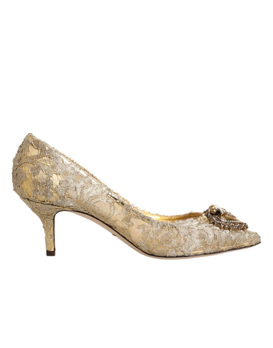 Dolce & Gabbana Gold Taormina Lace DEVOTION Pumps Shoes Curated Luxury Accessories by Orvyn