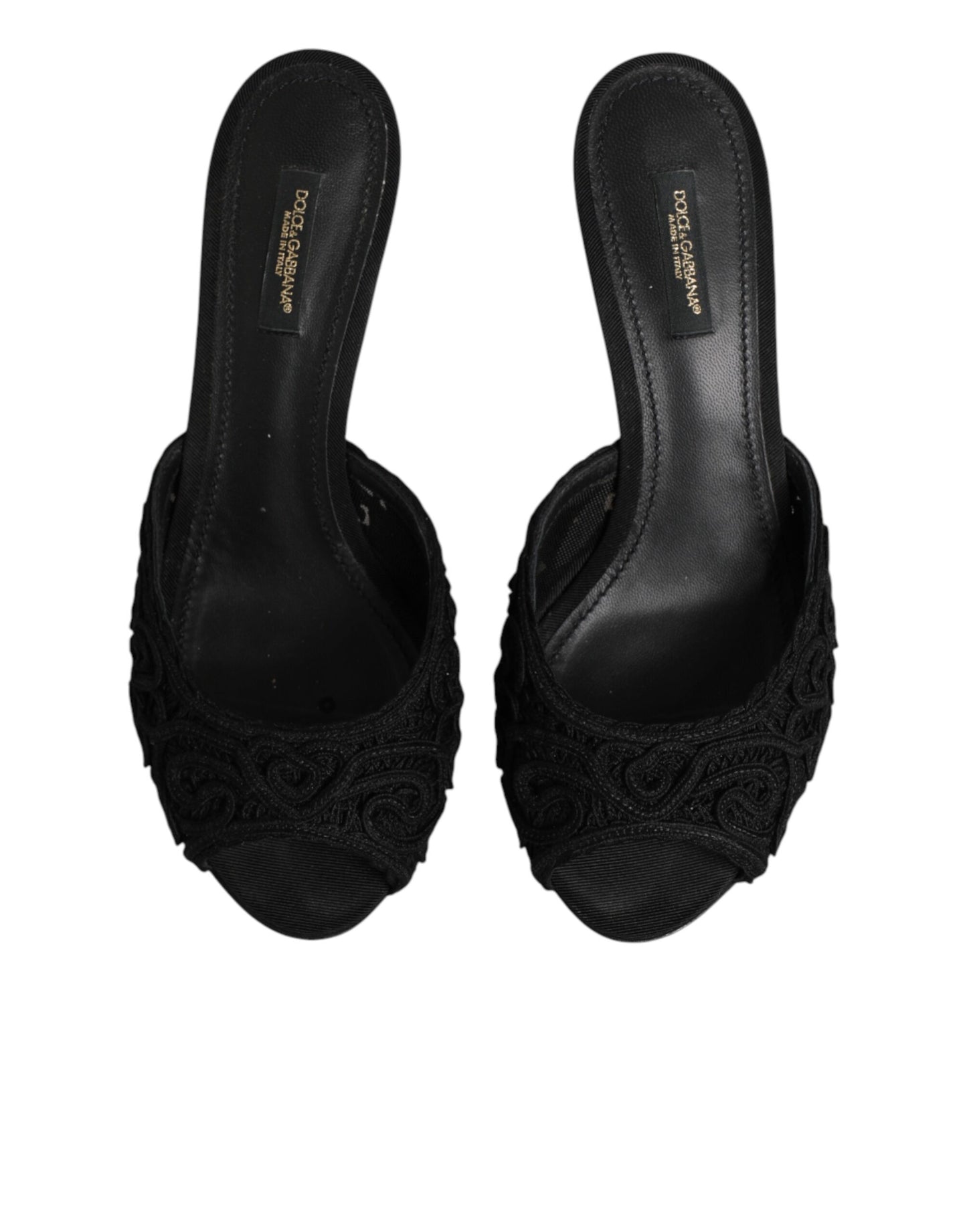 Dolce & Gabbana Black Embroidered Slip On Heels Slides Shoes Curated Luxury Accessories by Orvyn