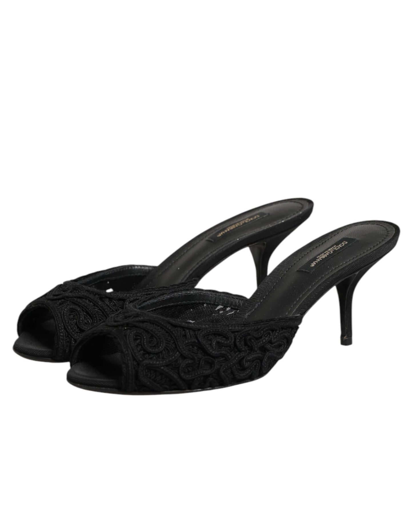 Dolce & Gabbana Black Embroidered Slip On Heels Slides Shoes Curated Luxury Accessories by Orvyn