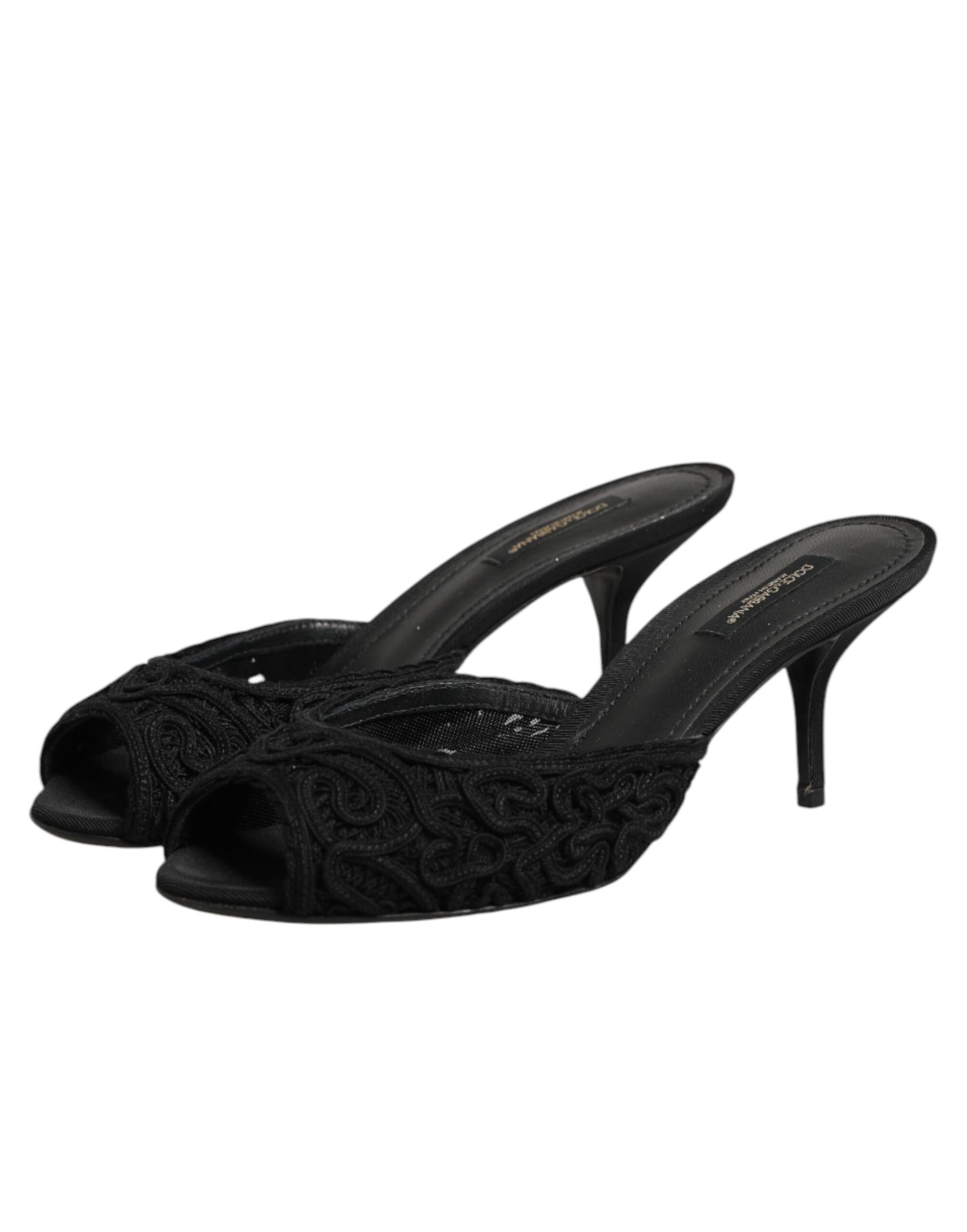 Dolce & Gabbana Black Embroidered Slip On Heels Slides Shoes Curated Luxury Accessories by Orvyn