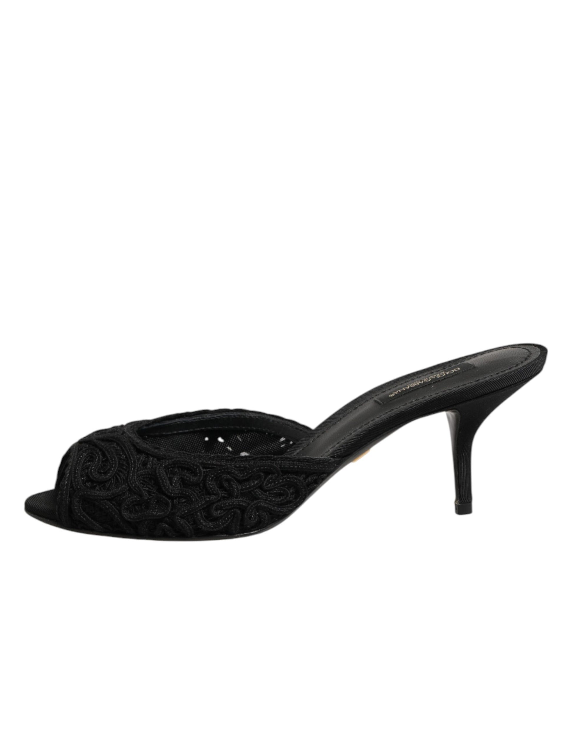 Dolce & Gabbana Black Embroidered Slip On Heels Slides Shoes Curated Luxury Accessories by Orvyn