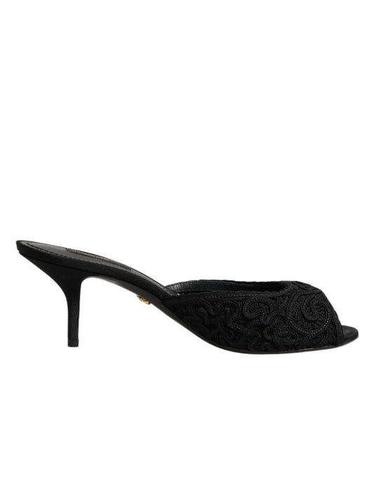 Dolce & Gabbana Black Embroidered Slip On Heels Slides Shoes Curated Luxury Accessories by Orvyn