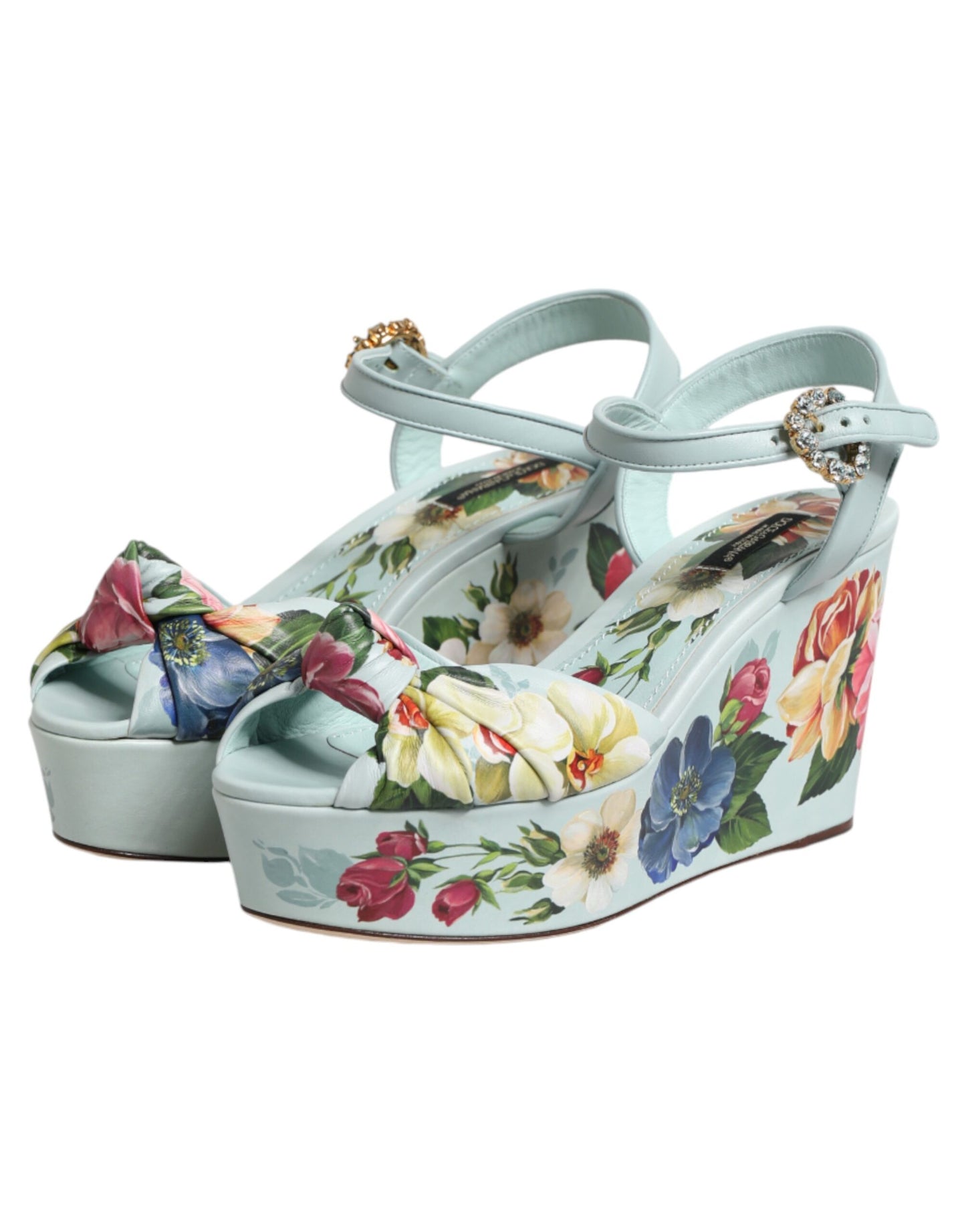 Dolce & Gabbana Green Floral Ankle Strap Wedge Sandals Shoes Curated Luxury Accessories by Orvyn