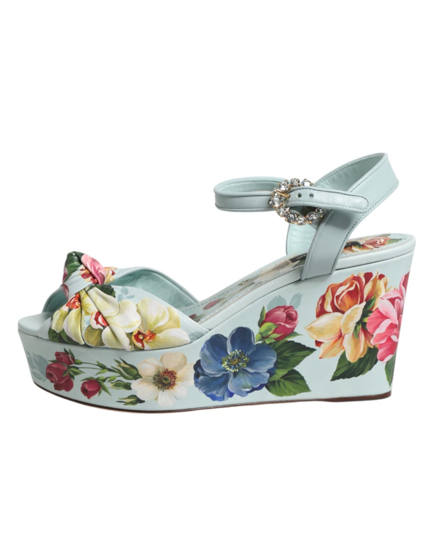 Dolce & Gabbana Green Floral Ankle Strap Wedge Sandals Shoes Curated Luxury Accessories by Orvyn
