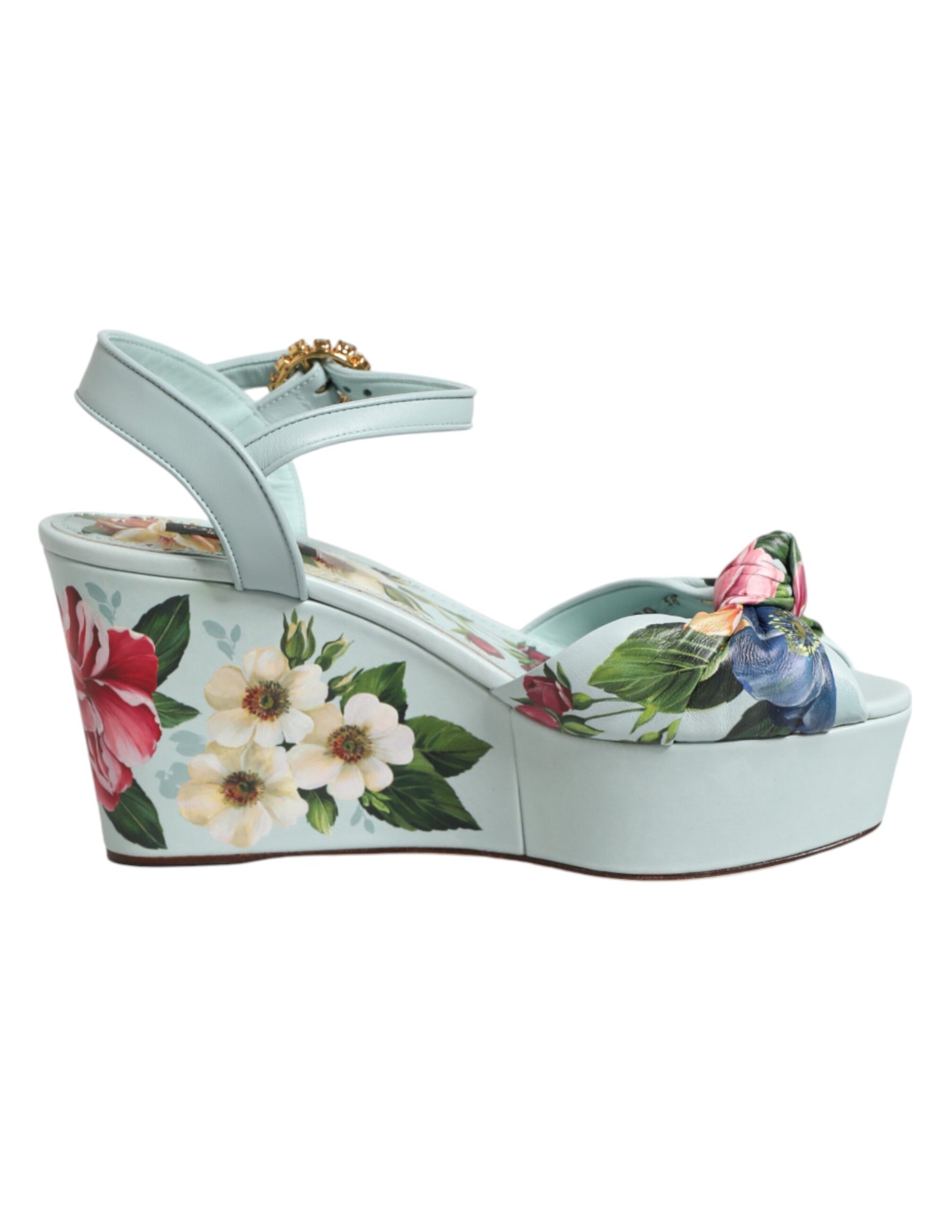 Dolce & Gabbana Green Floral Ankle Strap Wedge Sandals Shoes Curated Luxury Accessories by Orvyn