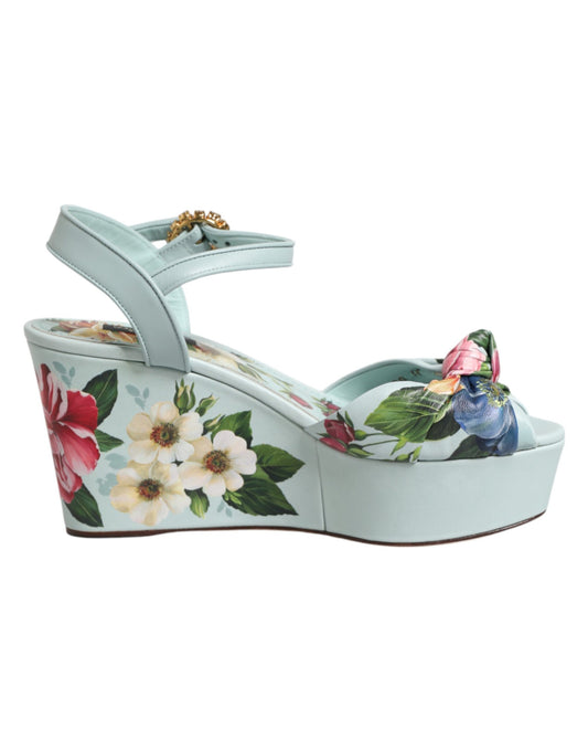 Dolce & Gabbana Green Floral Ankle Strap Wedge Sandals Shoes Curated Luxury Accessories by Orvyn