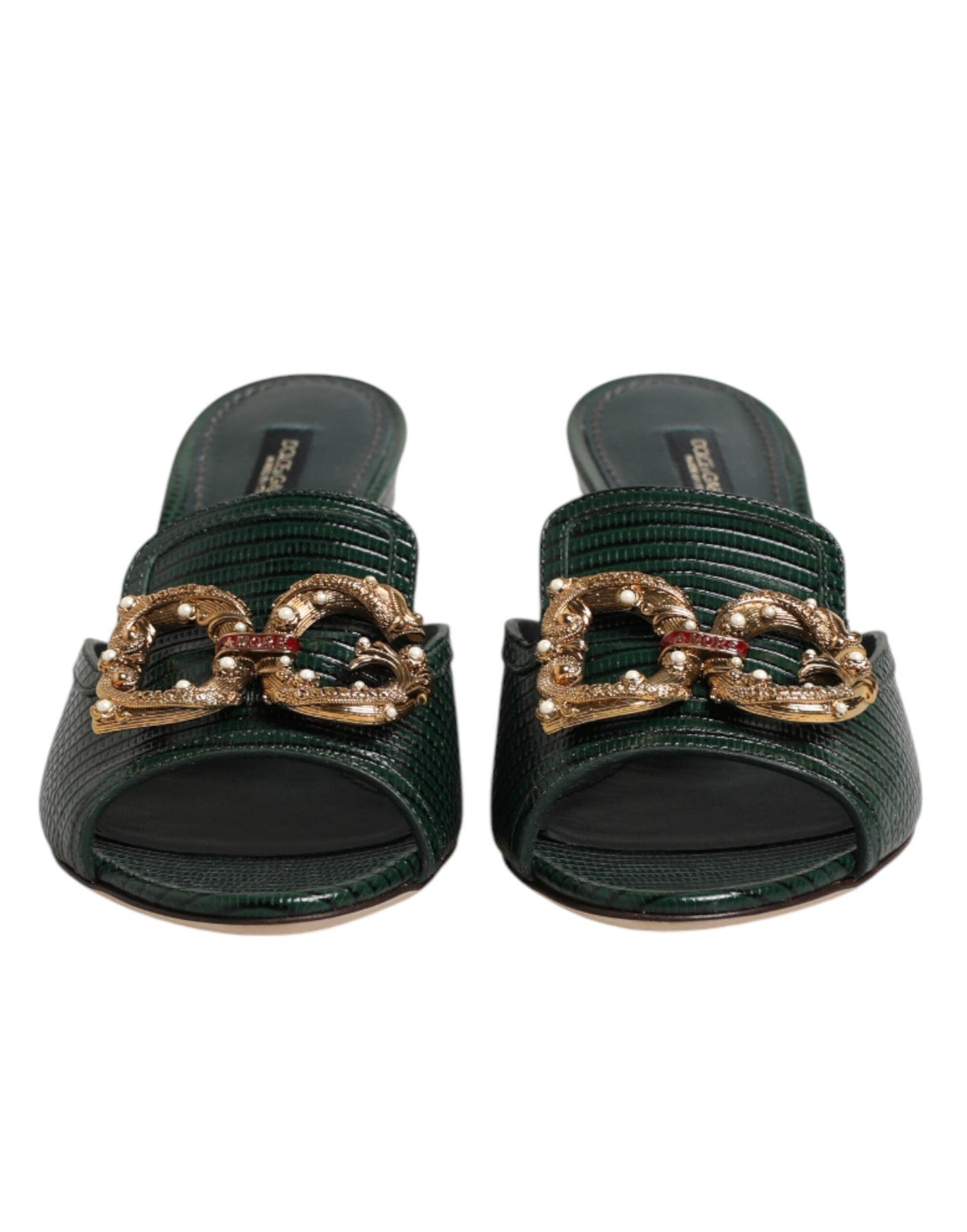 Dolce & Gabbana Green DG Amore Heel Slides Sandals Shoes Curated Luxury Accessories by Orvyn