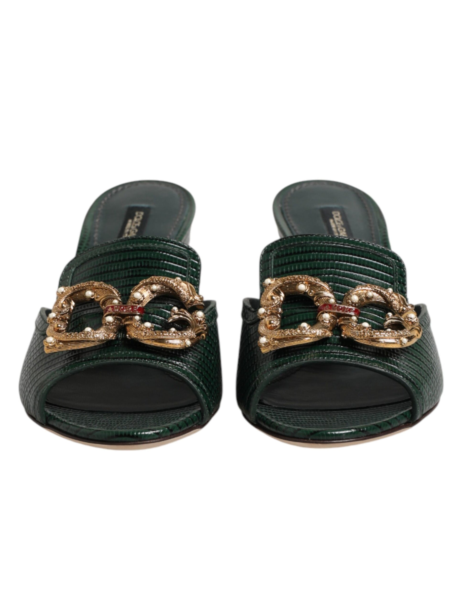 Dolce & Gabbana Green DG Amore Heel Slides Sandals Shoes Curated Luxury Accessories by Orvyn