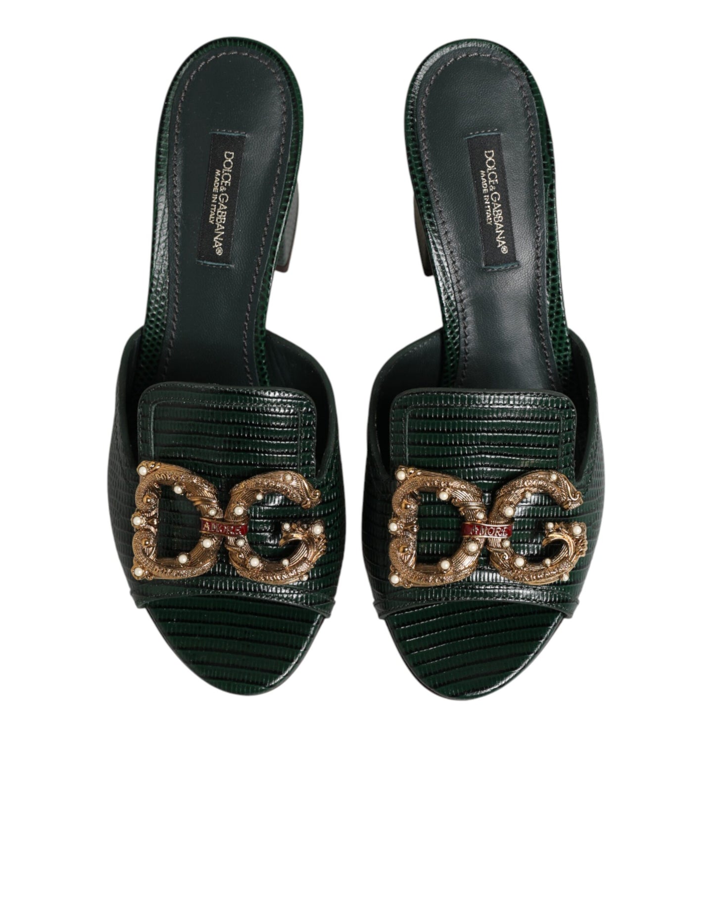 Dolce & Gabbana Green DG Amore Heel Slides Sandals Shoes Curated Luxury Accessories by Orvyn