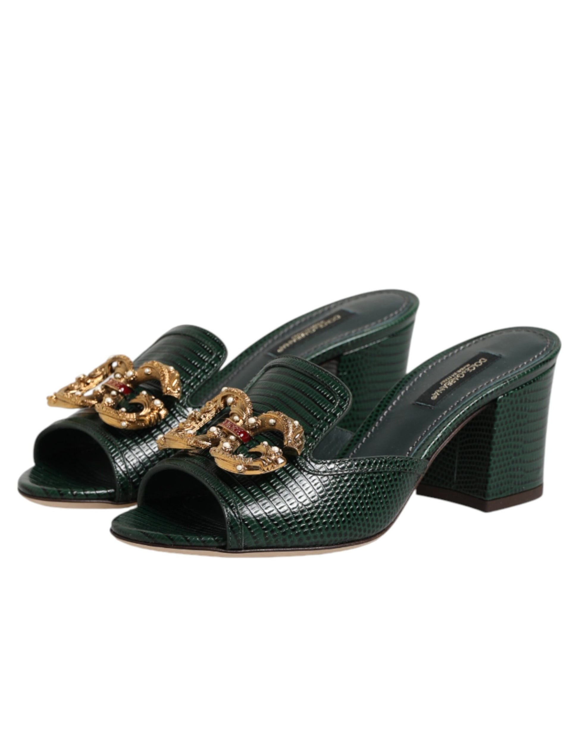 Dolce & Gabbana Green DG Amore Heel Slides Sandals Shoes Curated Luxury Accessories by Orvyn