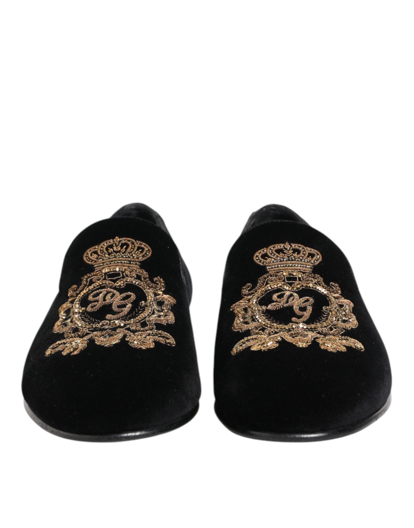 Dolce & Gabbana Black Velvet Gold Crown Mens Loafers Shoes Curated Luxury Accessories by Orvyn