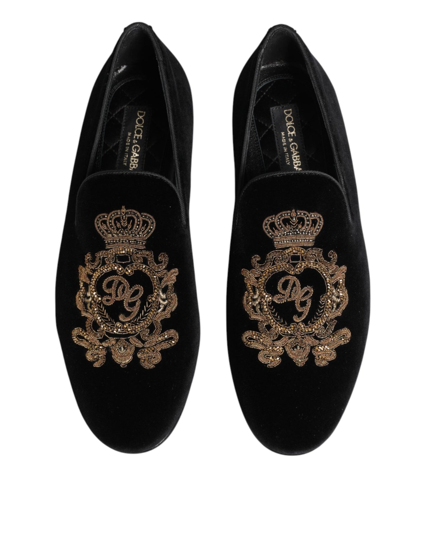 Dolce & Gabbana Black Velvet Gold Crown Mens Loafers Shoes Curated Luxury Accessories by Orvyn