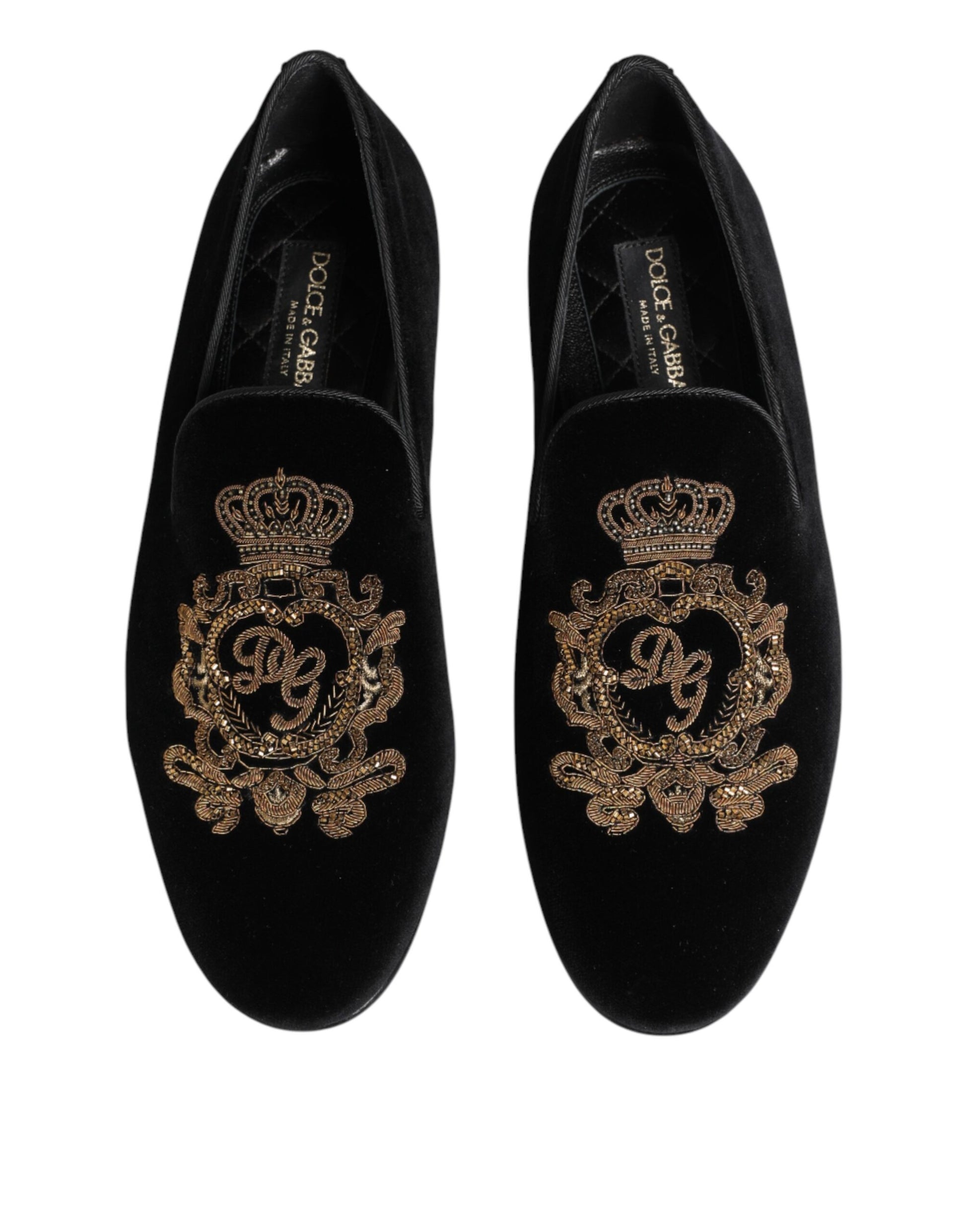 Dolce & Gabbana Black Velvet Gold Crown Mens Loafers Shoes Curated Luxury Accessories by Orvyn