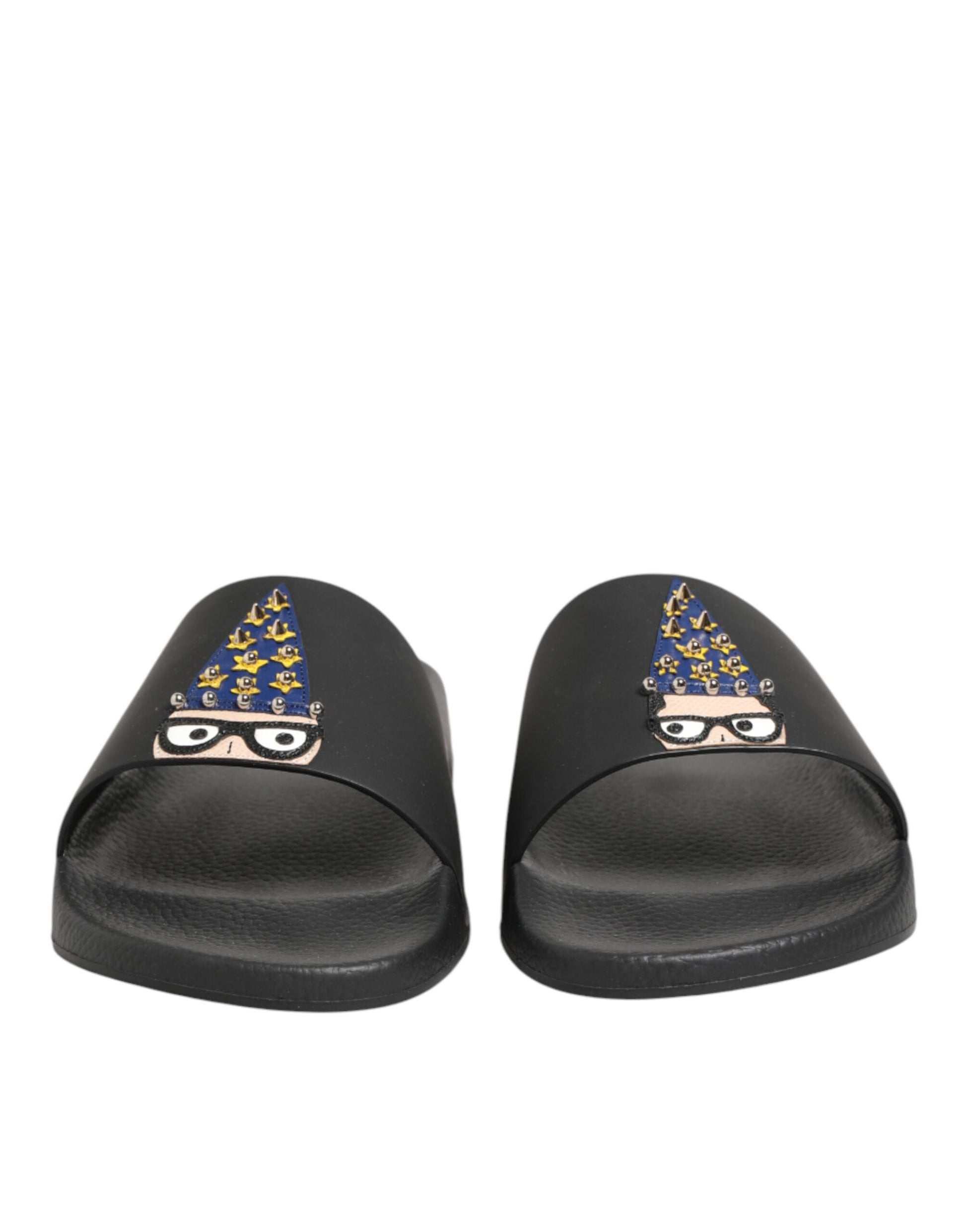 Dolce & Gabbana Black Leather Slides Sandals Beachwear Shoes Curated Luxury Accessories by Orvyn