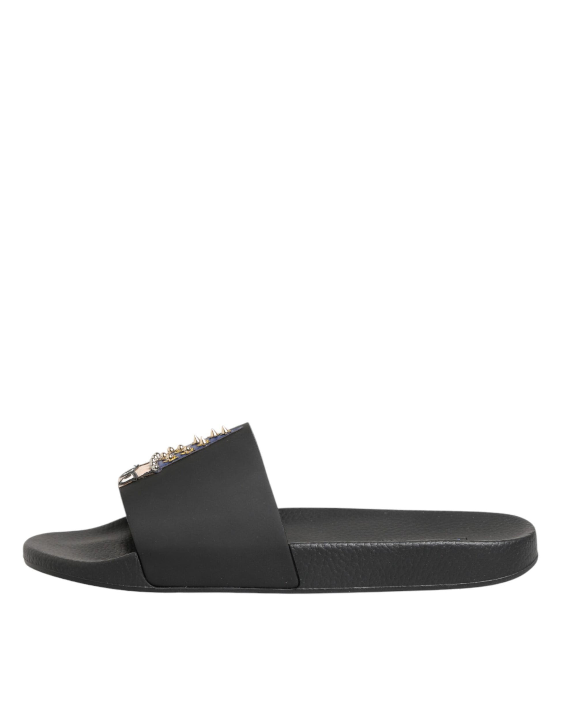 Dolce & Gabbana Black Leather Slides Sandals Beachwear Shoes Curated Luxury Accessories by Orvyn