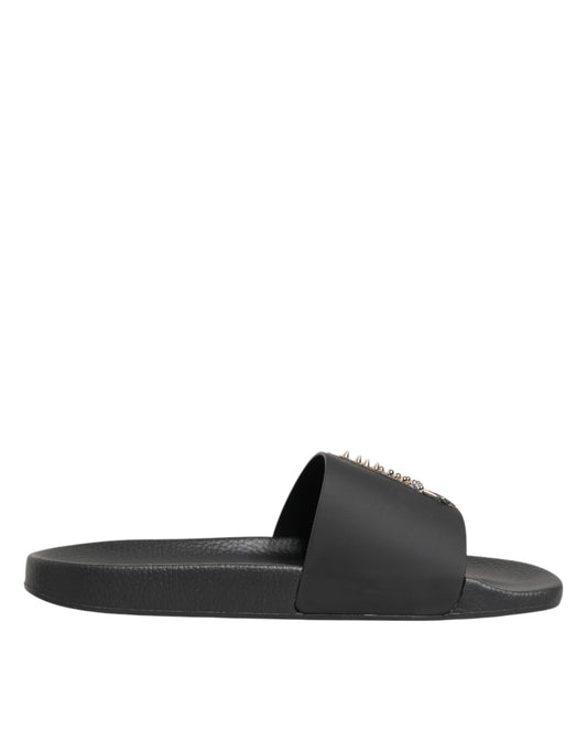 Dolce & Gabbana Black Leather Slides Sandals Beachwear Shoes Curated Luxury Accessories by Orvyn