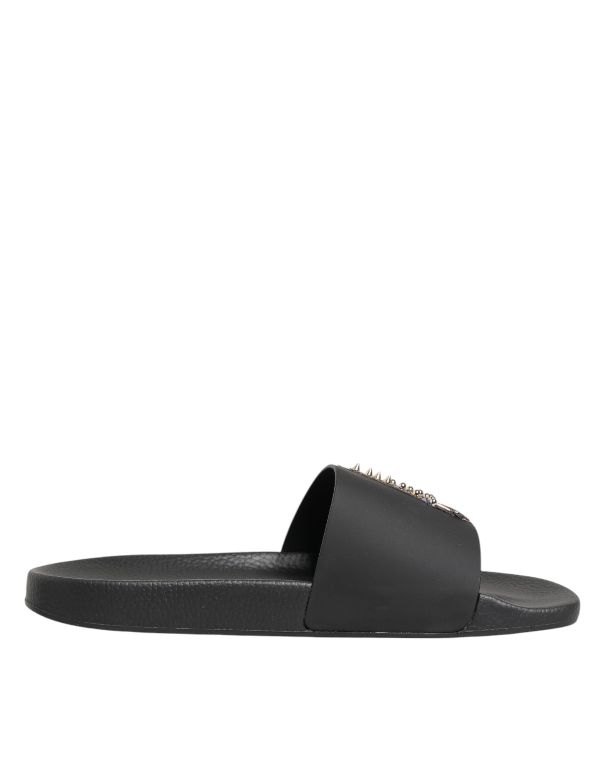 Dolce & Gabbana Black Leather Slides Sandals Beachwear Shoes Curated Luxury Accessories by Orvyn