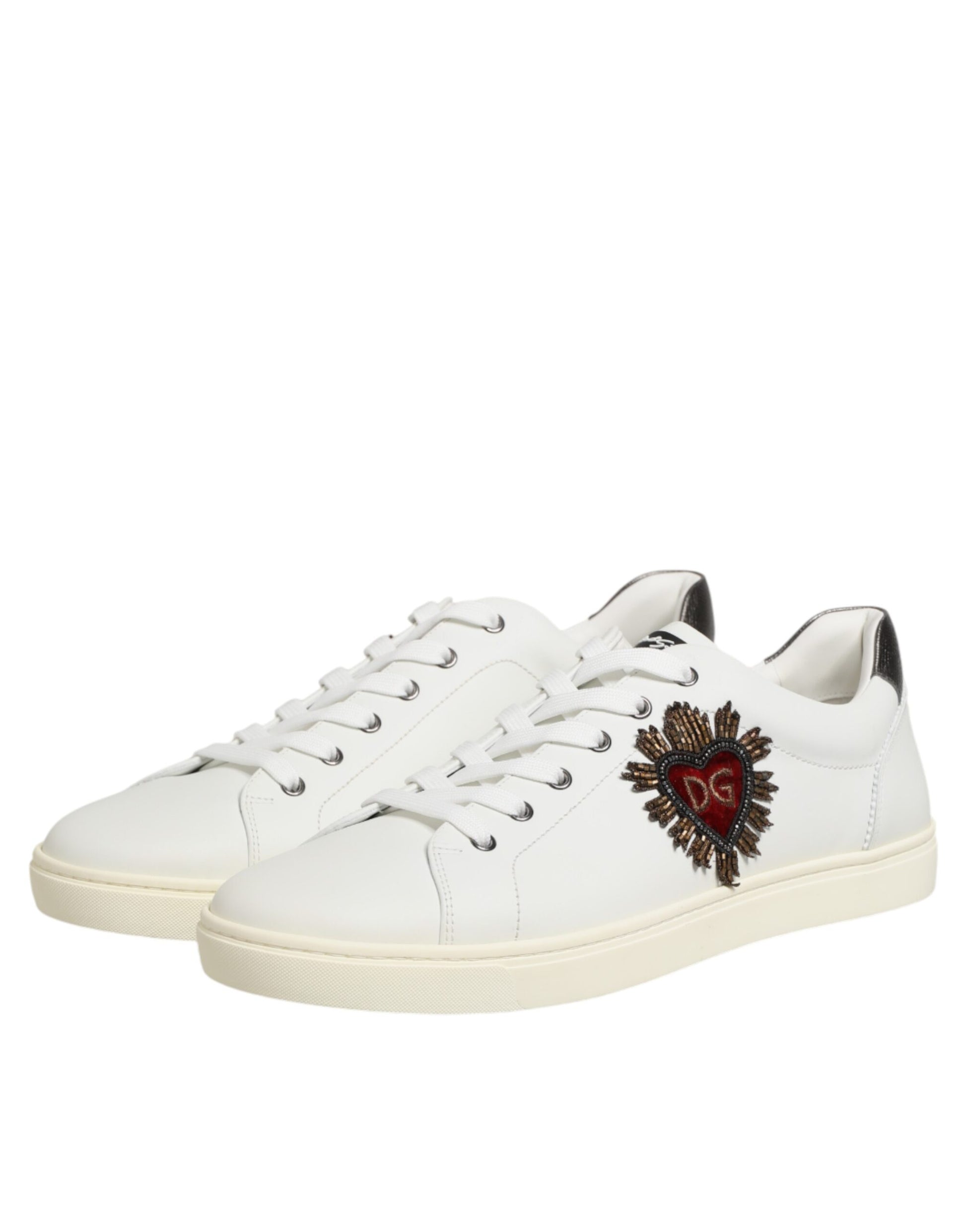 Dolce & Gabbana White Leather Heart Embellished Sneakers Shoes Curated Luxury Accessories by Orvyn