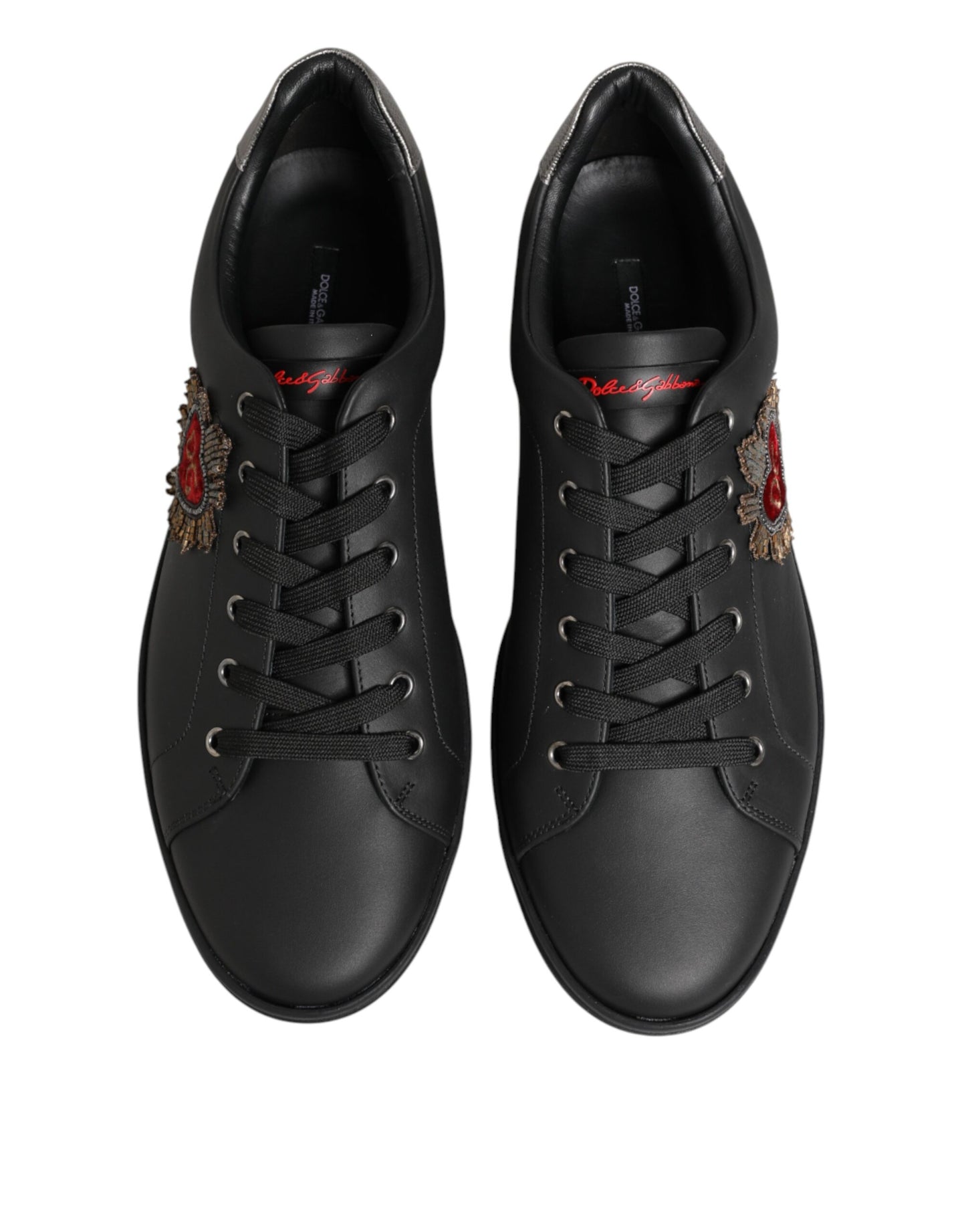 Dolce & Gabbana Black Leather Heart Embellished Sneakers Shoes Curated Luxury Accessories by Orvyn