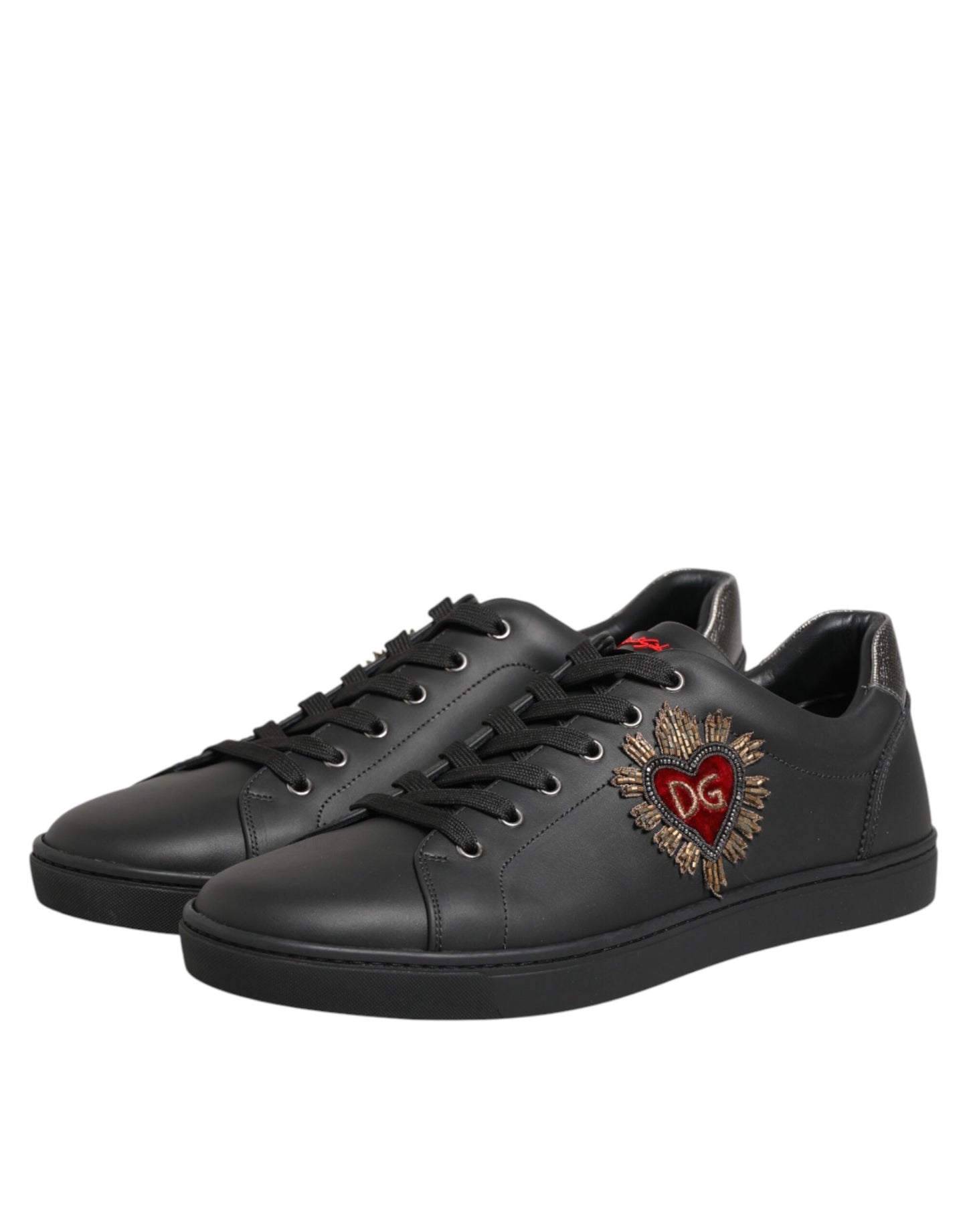 Dolce & Gabbana Black Leather Heart Embellished Sneakers Shoes Curated Luxury Accessories by Orvyn