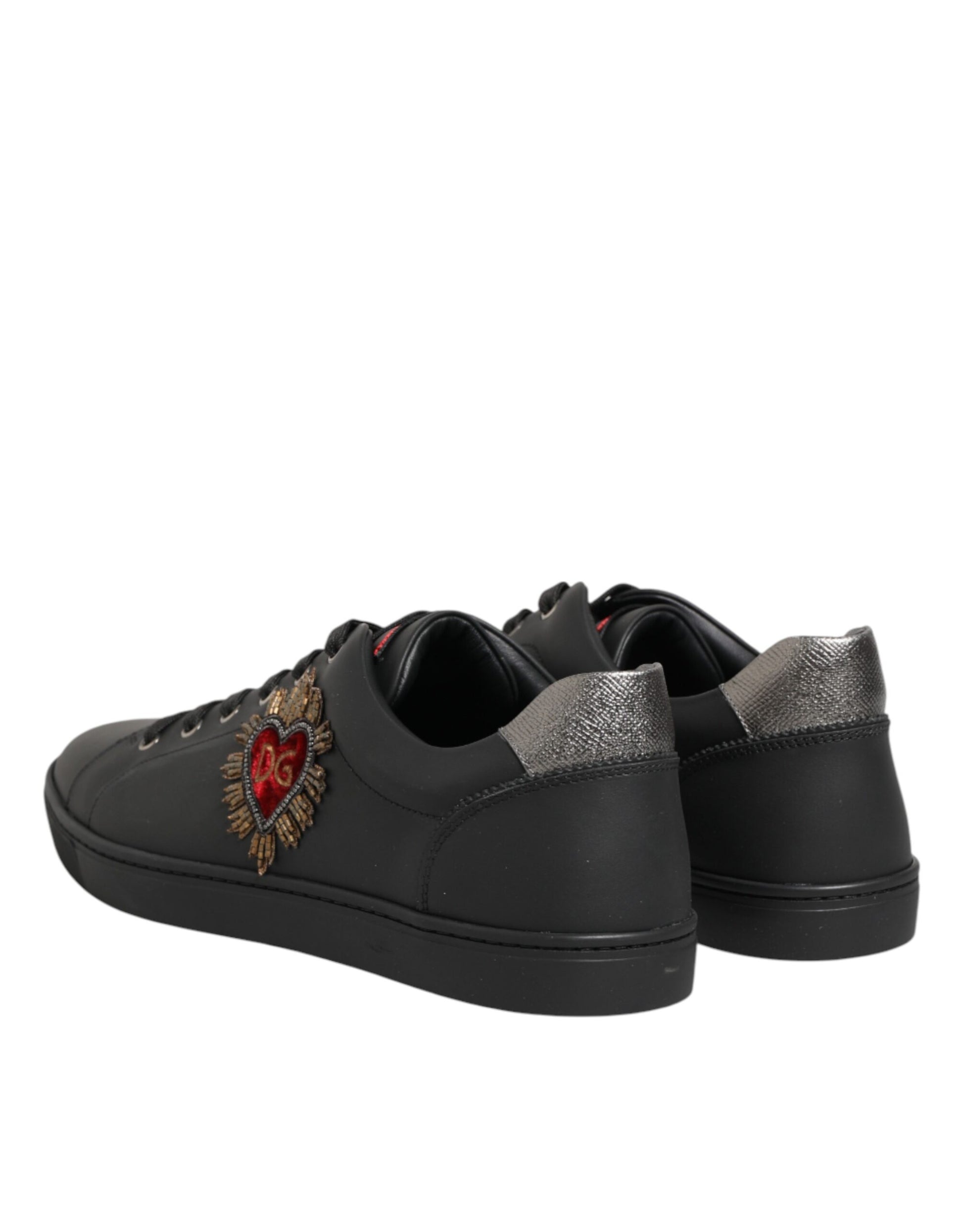 Dolce & Gabbana Black Leather Heart Embellished Sneakers Shoes Curated Luxury Accessories by Orvyn