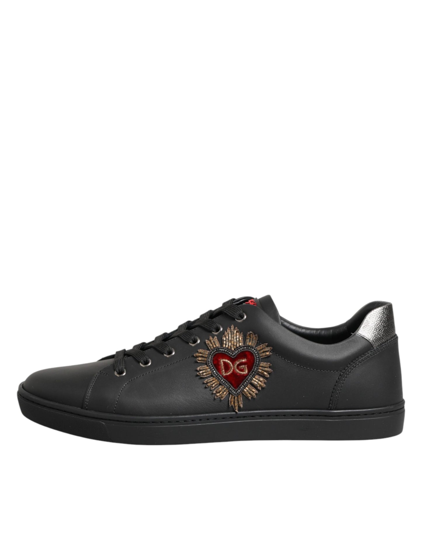 Dolce & Gabbana Black Leather Heart Embellished Sneakers Shoes Curated Luxury Accessories by Orvyn