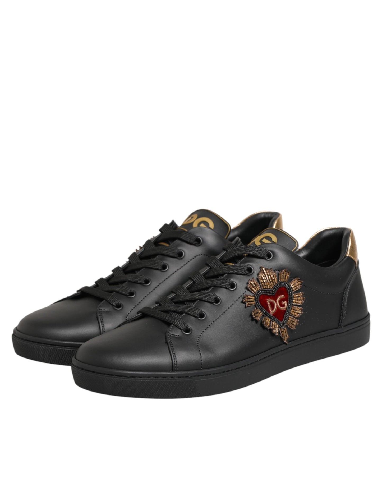 Dolce & Gabbana Black Leather Heart Embellished Sneakers Shoes Curated Luxury Accessories by Orvyn