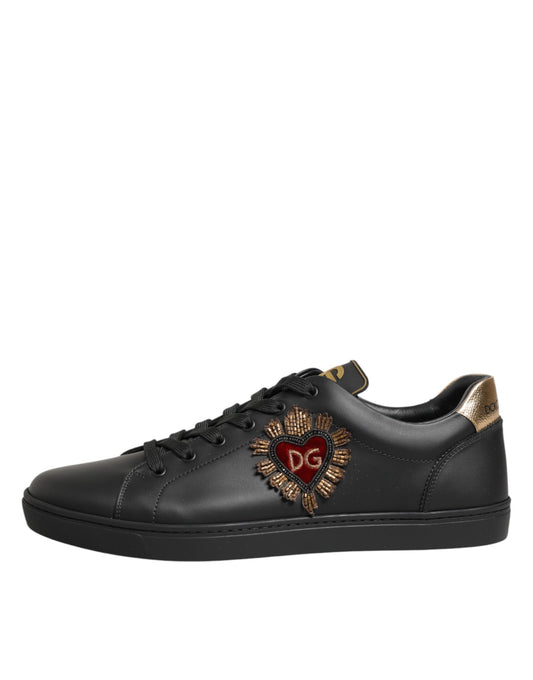 Dolce & Gabbana Black Leather Heart Embellished Sneakers Shoes Curated Luxury Accessories by Orvyn
