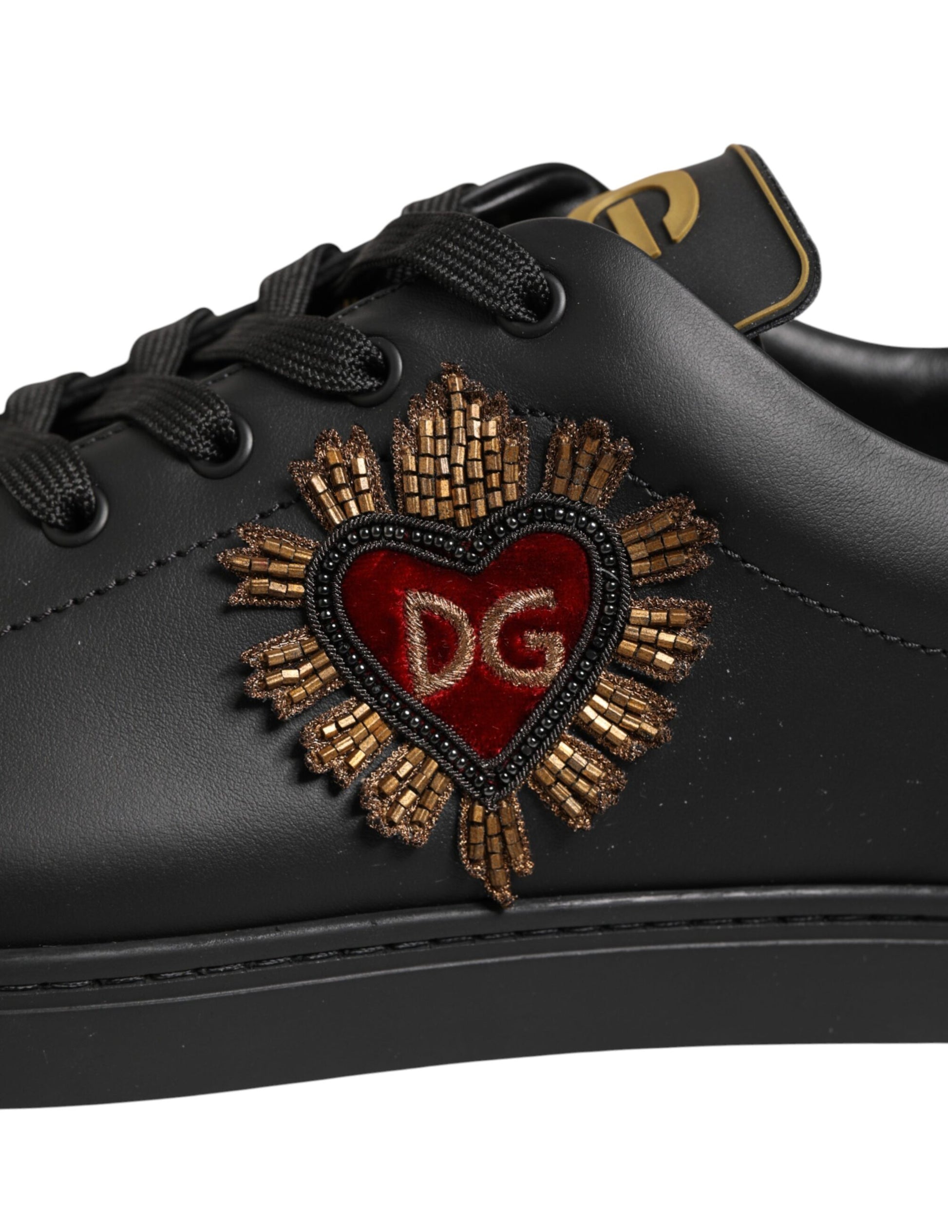 Dolce & Gabbana Black Leather Heart Embellished Sneakers Shoes Curated Luxury Accessories by Orvyn