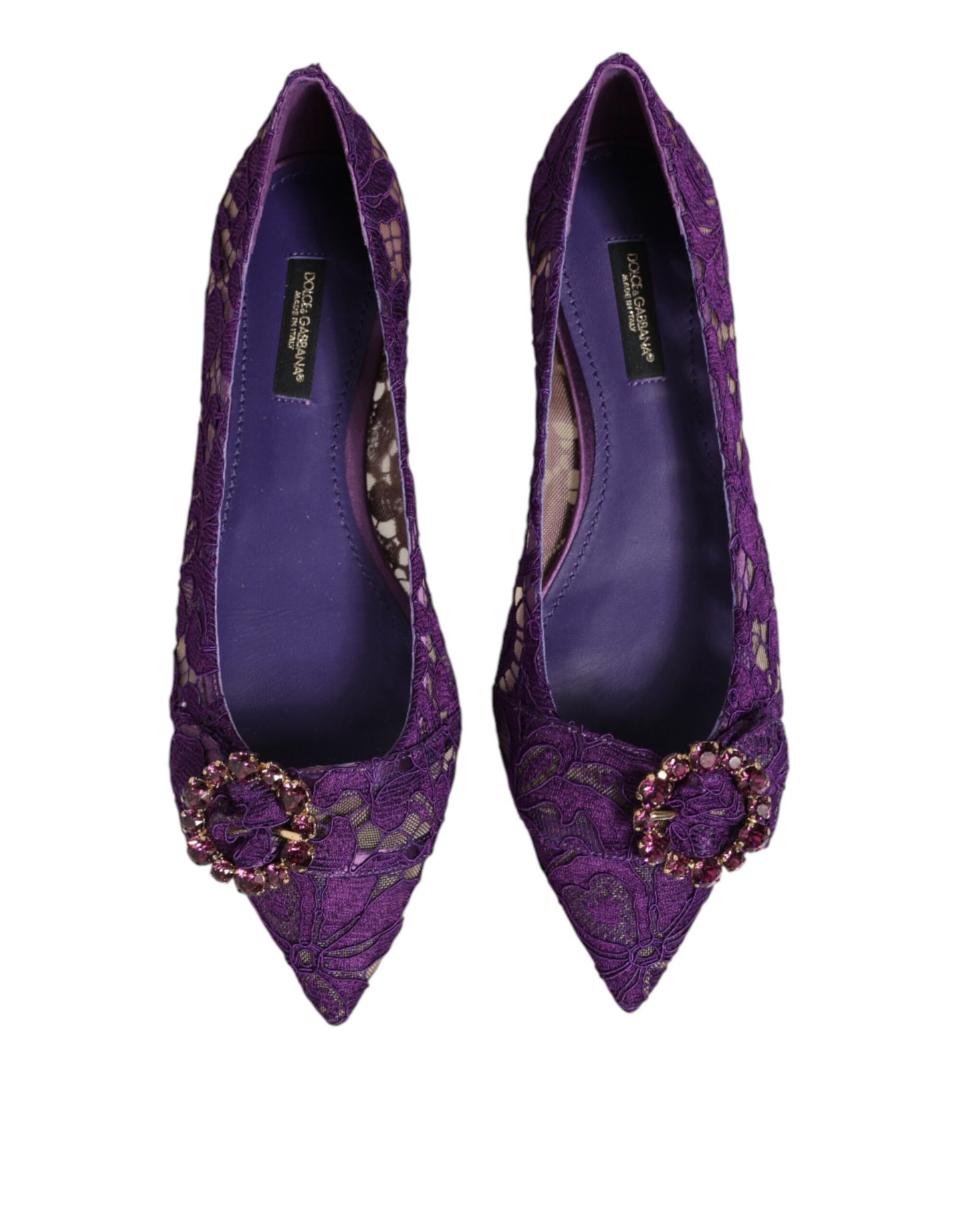 Dolce & Gabbana Purple Taormina Lace Crystals Flats Shoes Curated Luxury Accessories by Orvyn