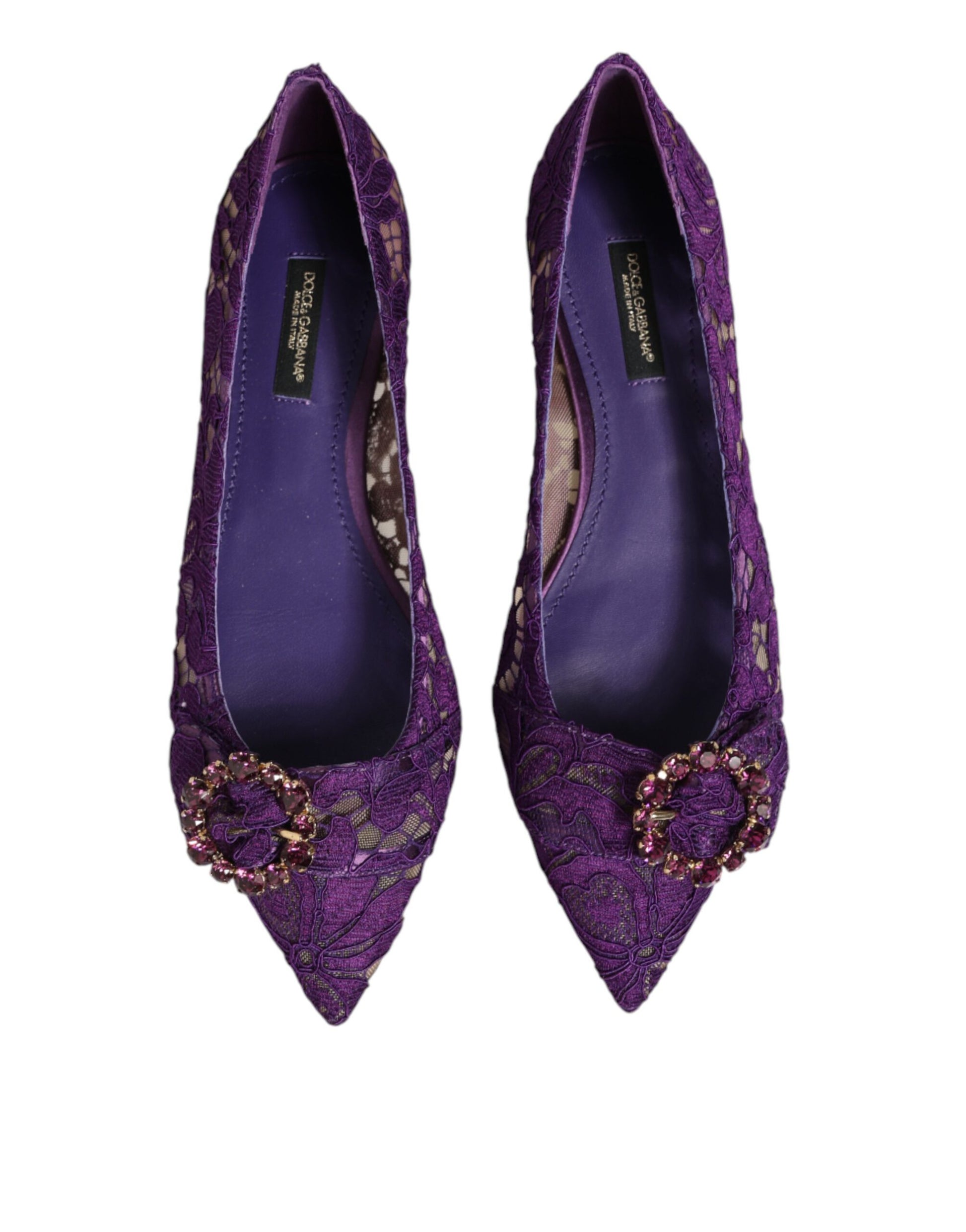 Dolce & Gabbana Purple Taormina Lace Crystals Flats Shoes Curated Luxury Accessories by Orvyn