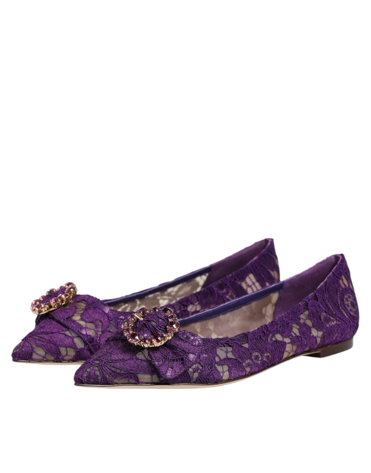 Dolce & Gabbana Purple Taormina Lace Crystals Flats Shoes Curated Luxury Accessories by Orvyn