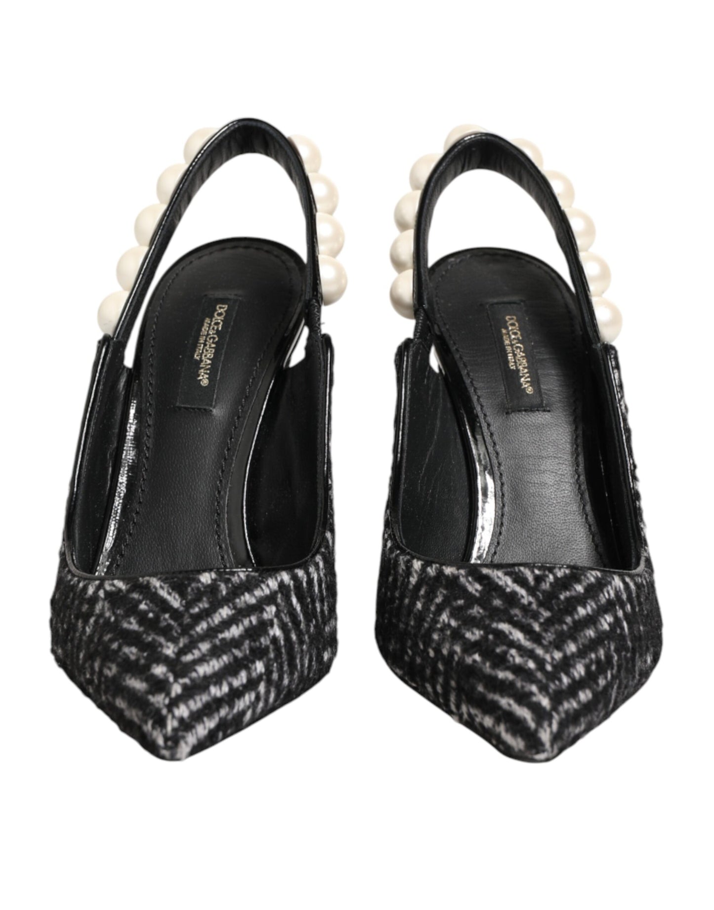 Dolce & Gabbana White Black Chevron Faux Pearl Slingbacks Shoes Curated Luxury Accessories by Orvyn