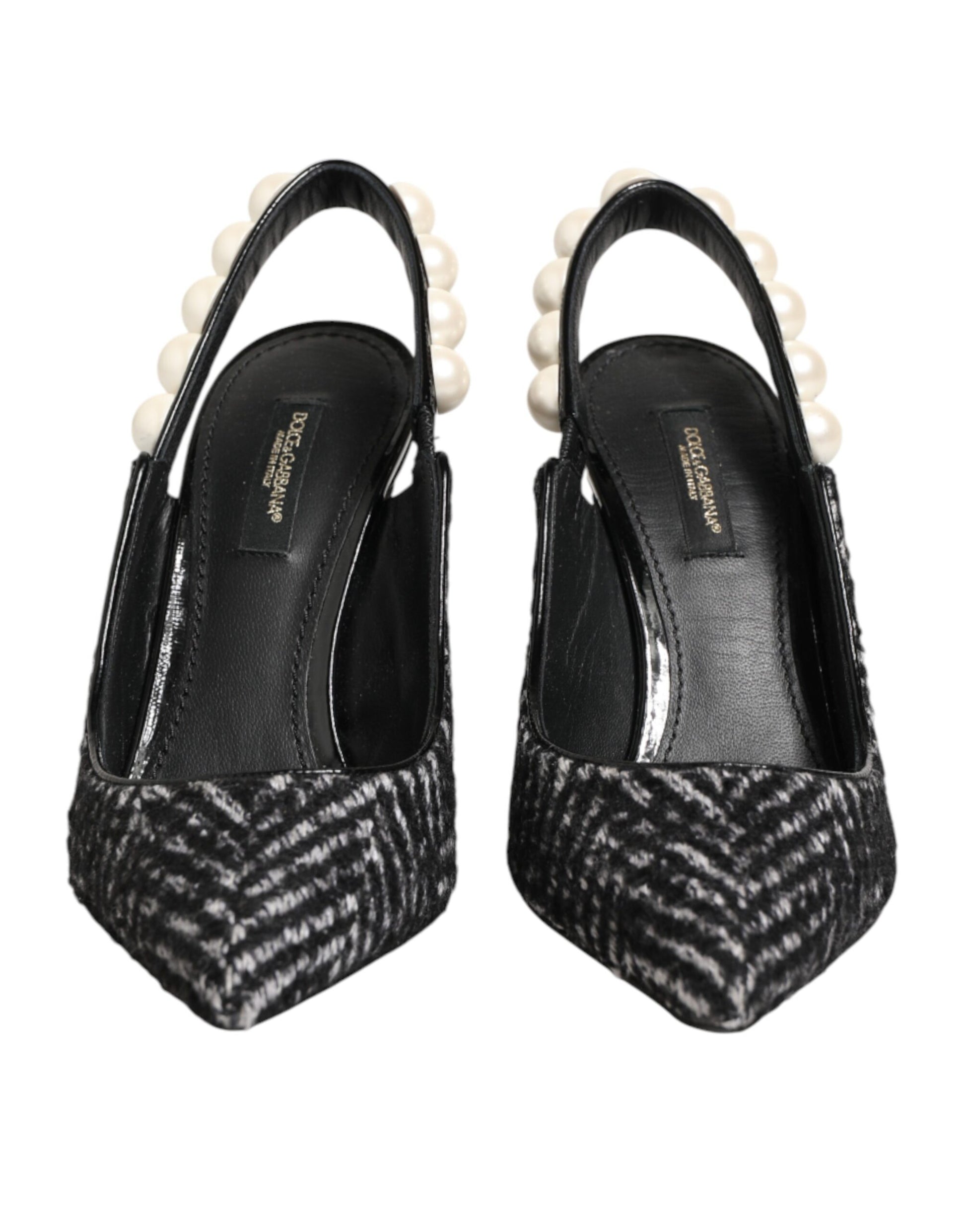 Dolce & Gabbana White Black Chevron Faux Pearl Slingbacks Shoes Curated Luxury Accessories by Orvyn